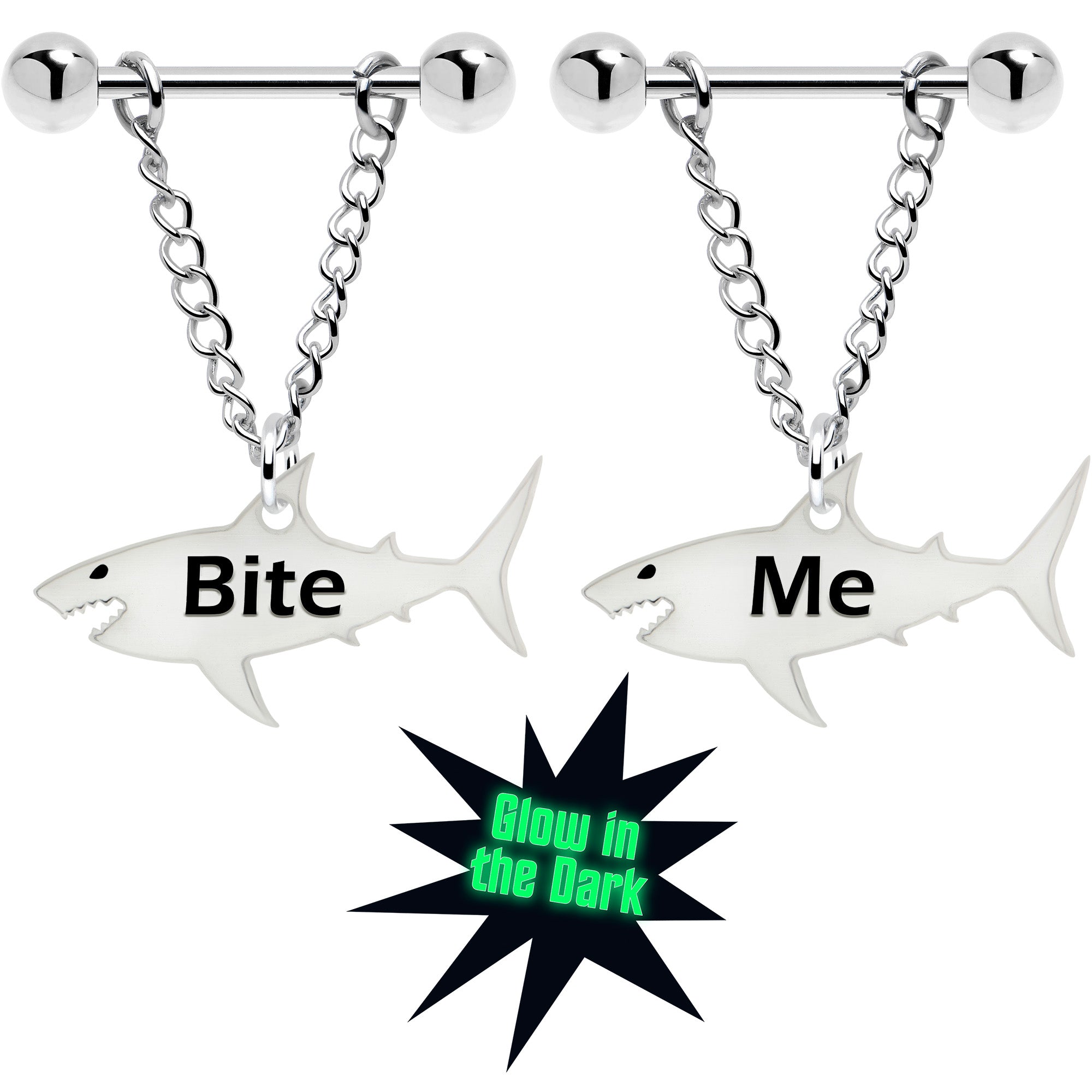 Bite Me Glow in the Dark Chain Dangle Shark Nipple Ring Set