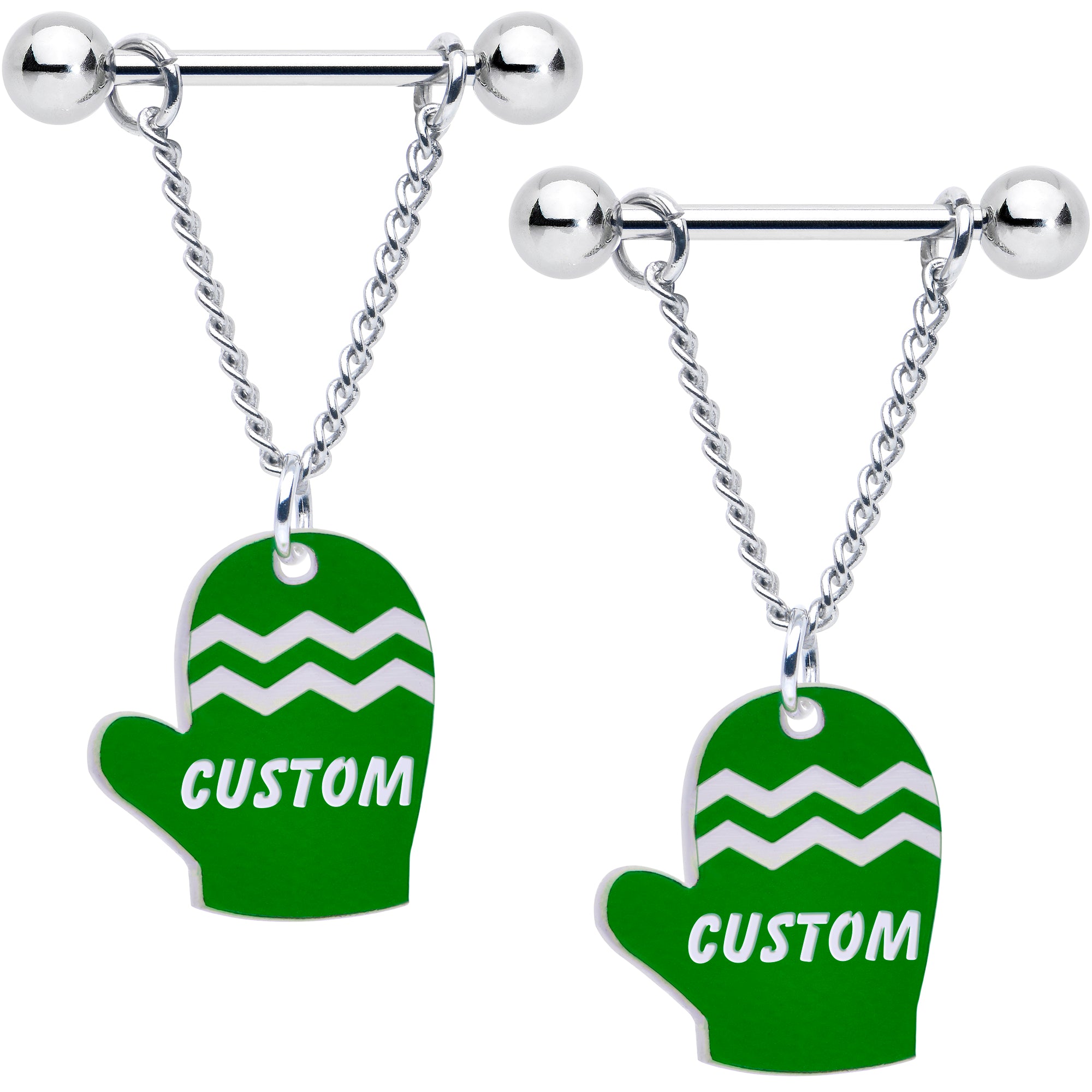 Custom Holiday Mittens Personalized Dangle Barbell Nipple Ring Set (More Colors)