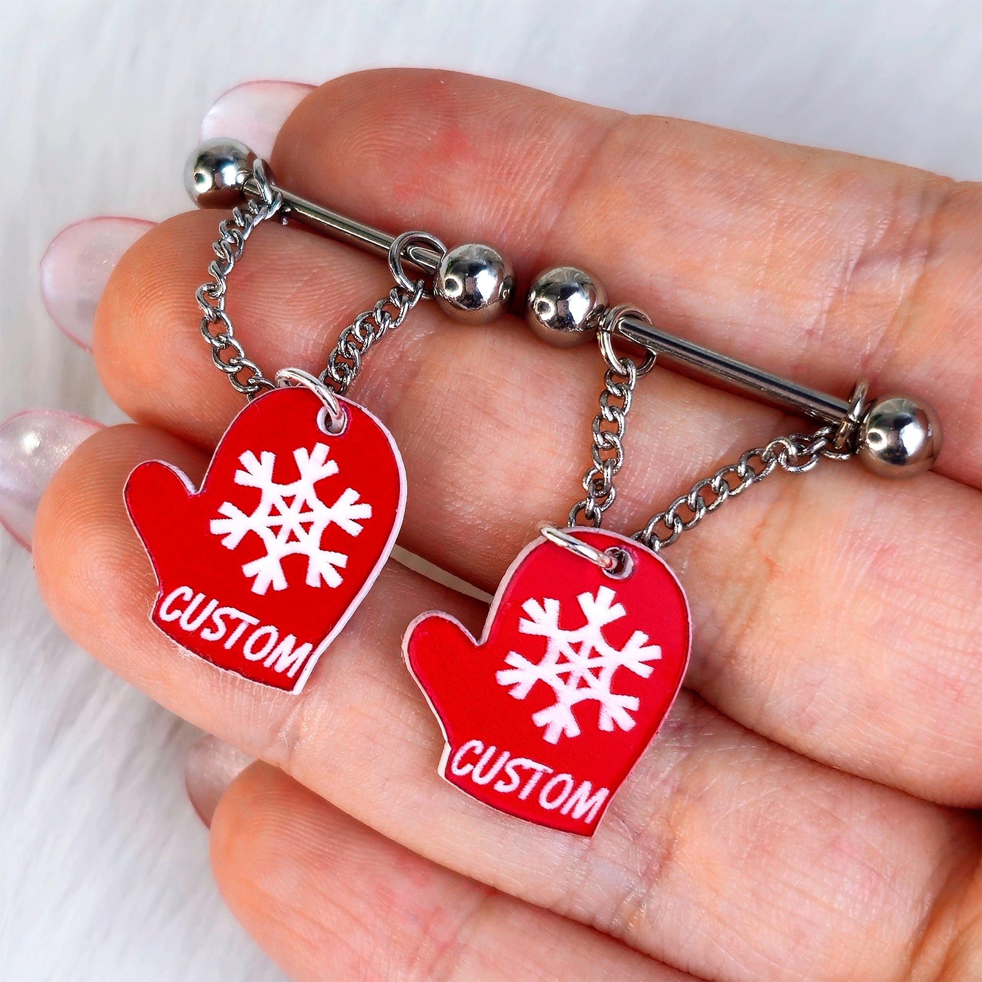 Custom Holiday Mittens Personalized Dangle Barbell Nipple Ring Set (More Colors)