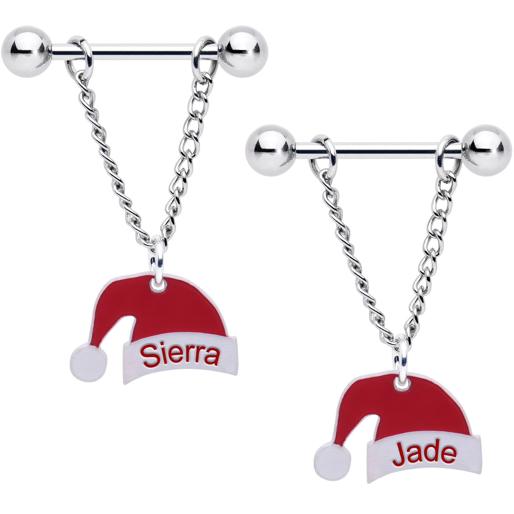 Custom Santa Hat Personalized Dangle Barbell Nipple Ring Set
