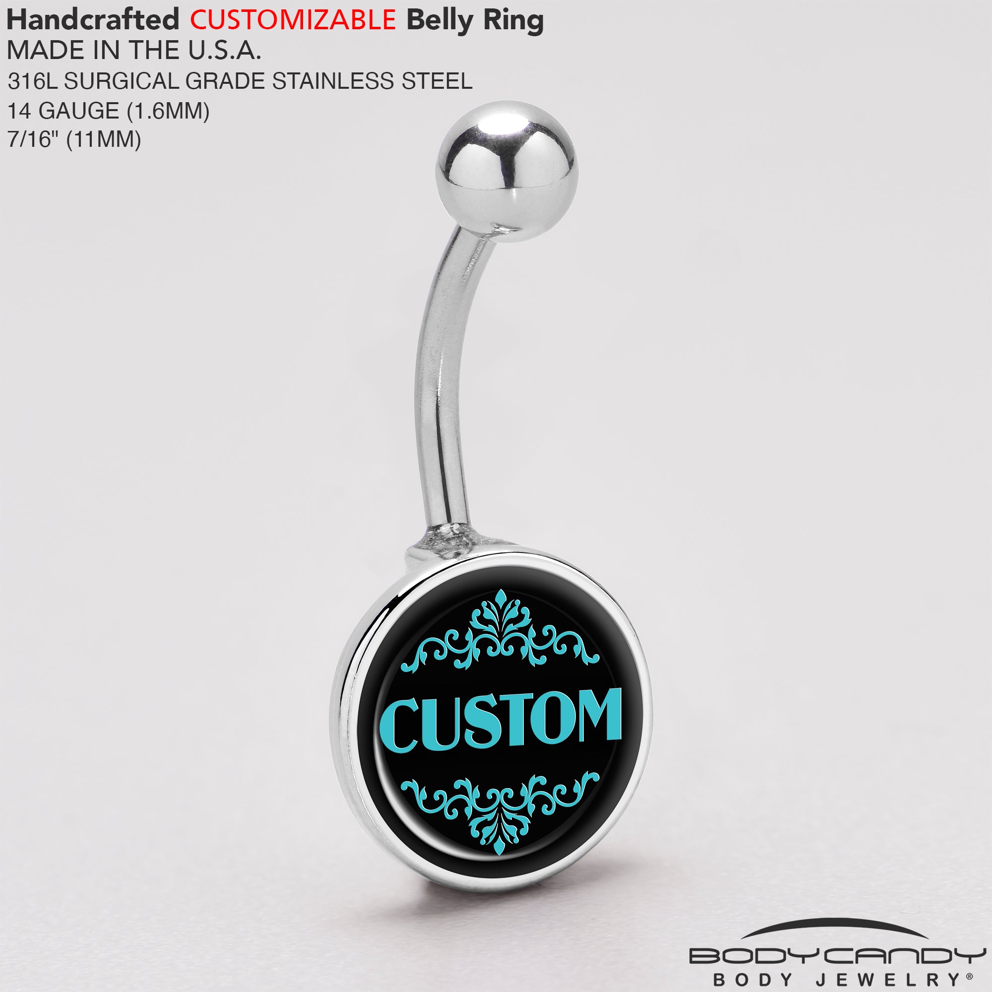 Custom Teal Personalized Name Belly Ring