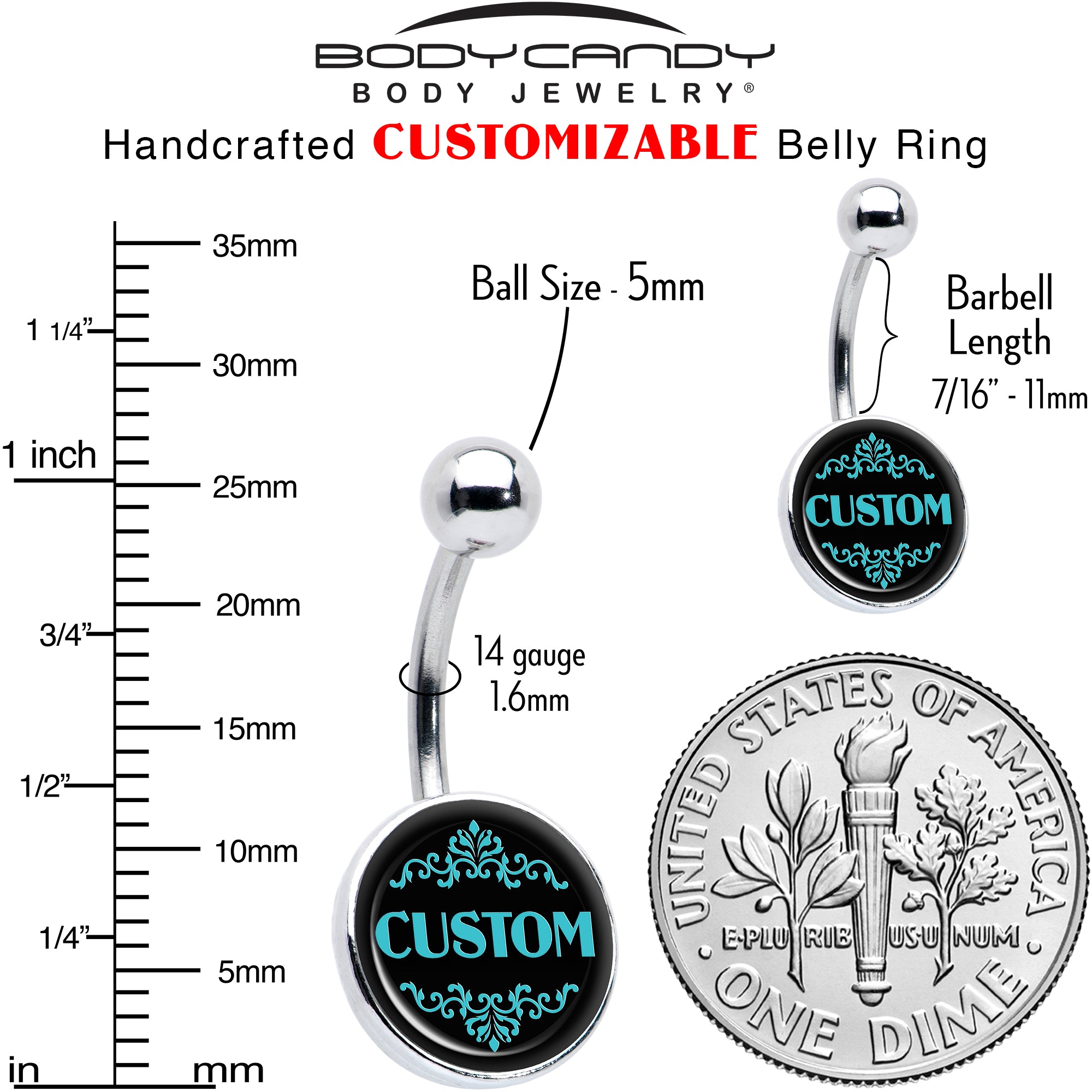 Custom Teal Personalized Name Belly Ring