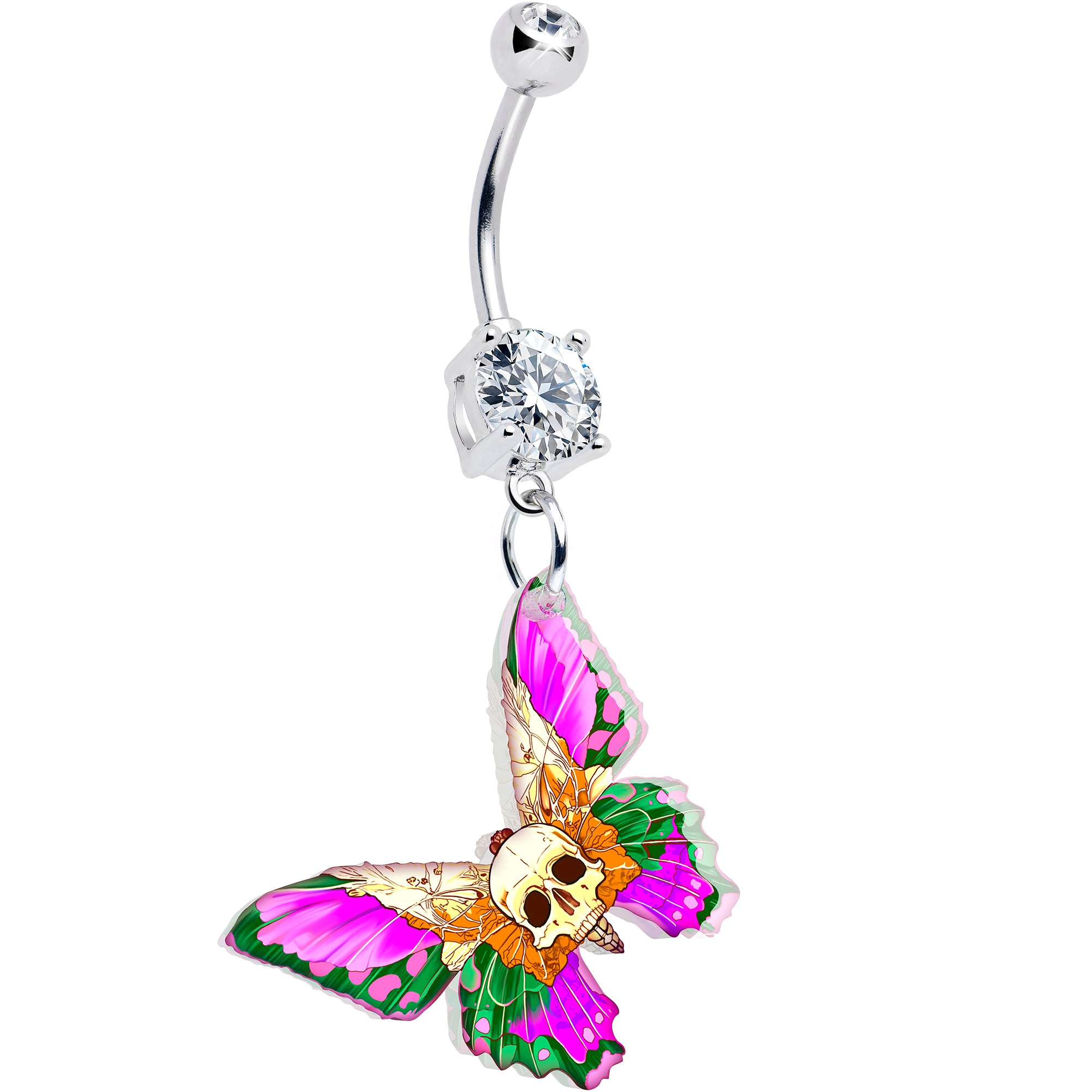 Clear gem butterfly skull dangle belly ring Onyx O