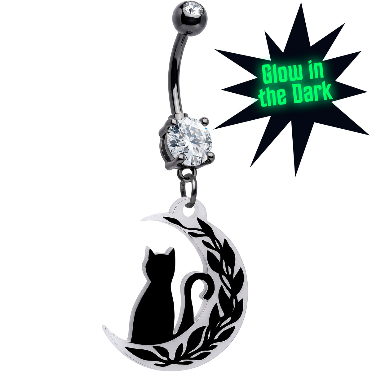 Midnight Kitty Glow in the Dark Cat Moon Dangle Belly Ring by Onyx O