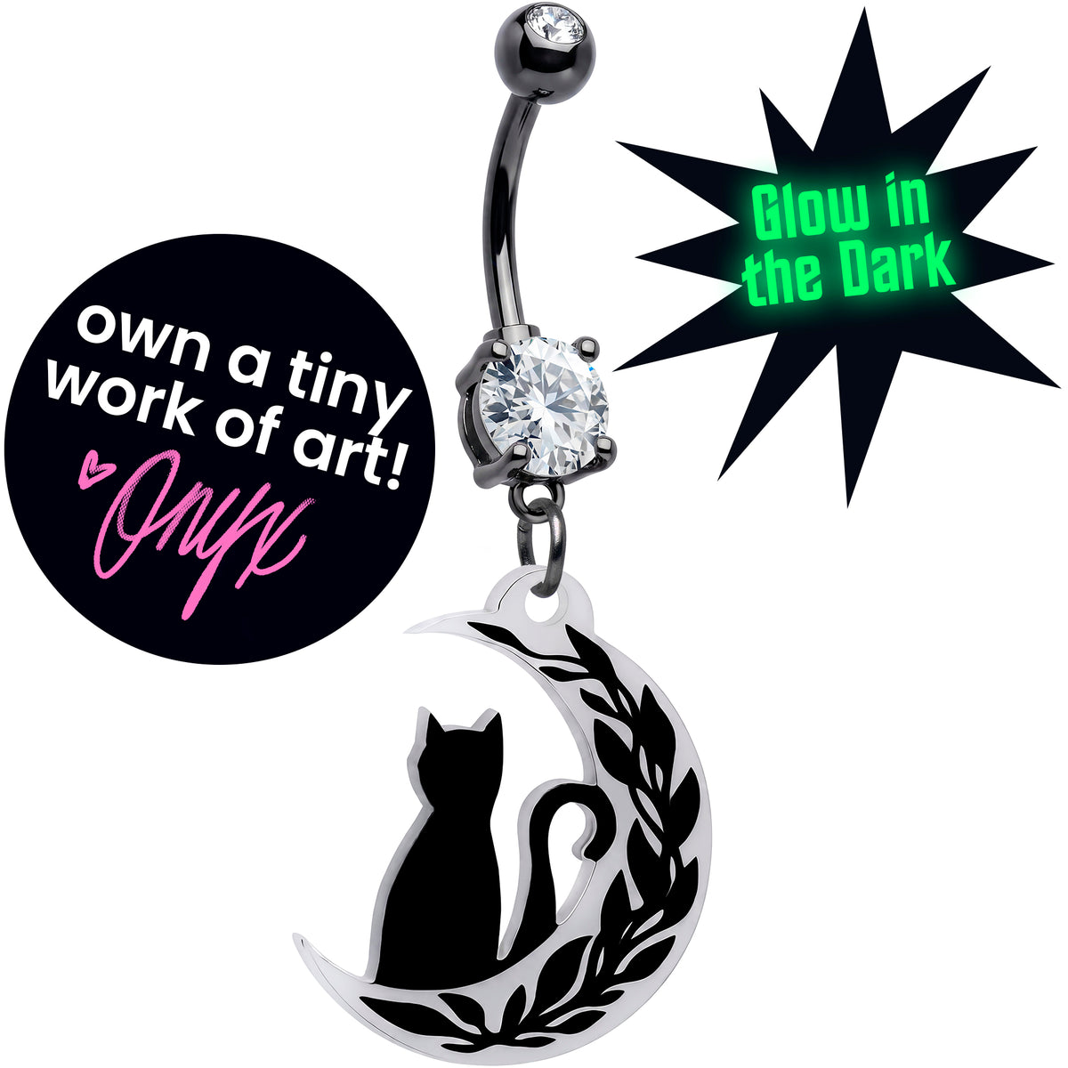 Midnight Kitty Glow in the Dark Cat Moon Dangle Belly Ring by Onyx O