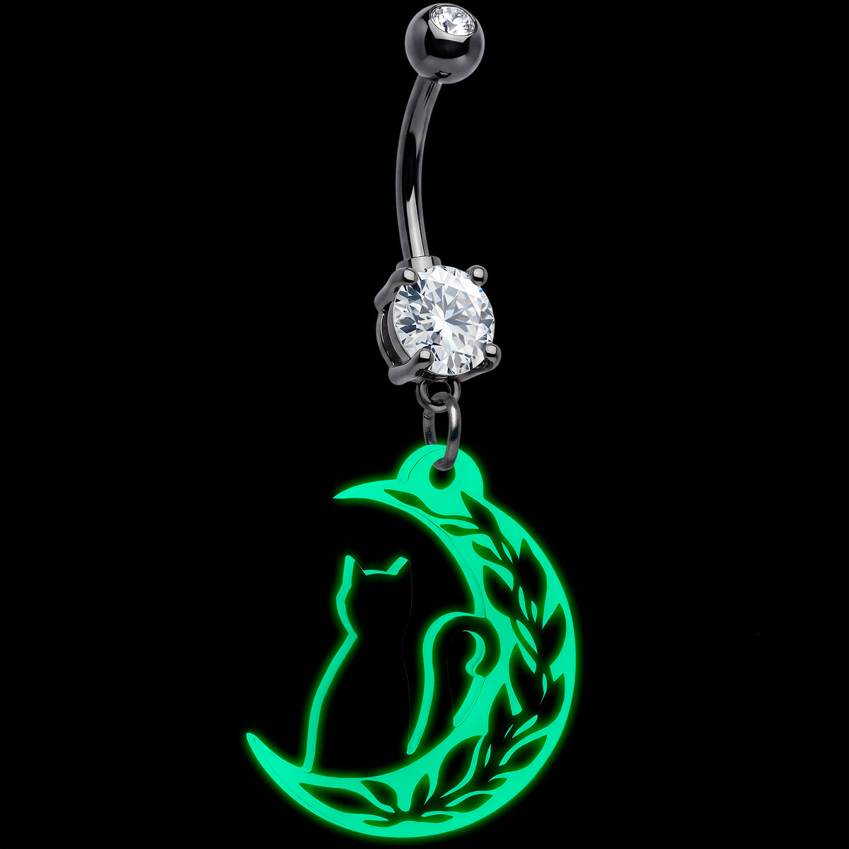 Midnight Kitty Glow in the Dark Cat Moon Dangle Belly Ring by Onyx O