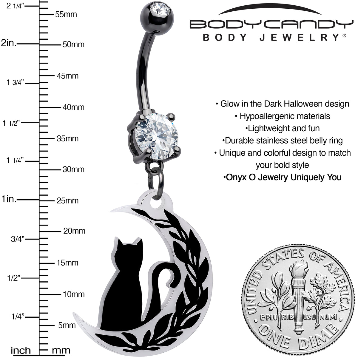 Midnight Kitty Glow in the Dark Cat Moon Dangle Belly Ring by Onyx O