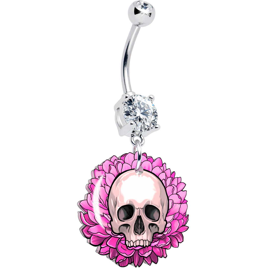 Clear gem pink flower skull dangle belly ring