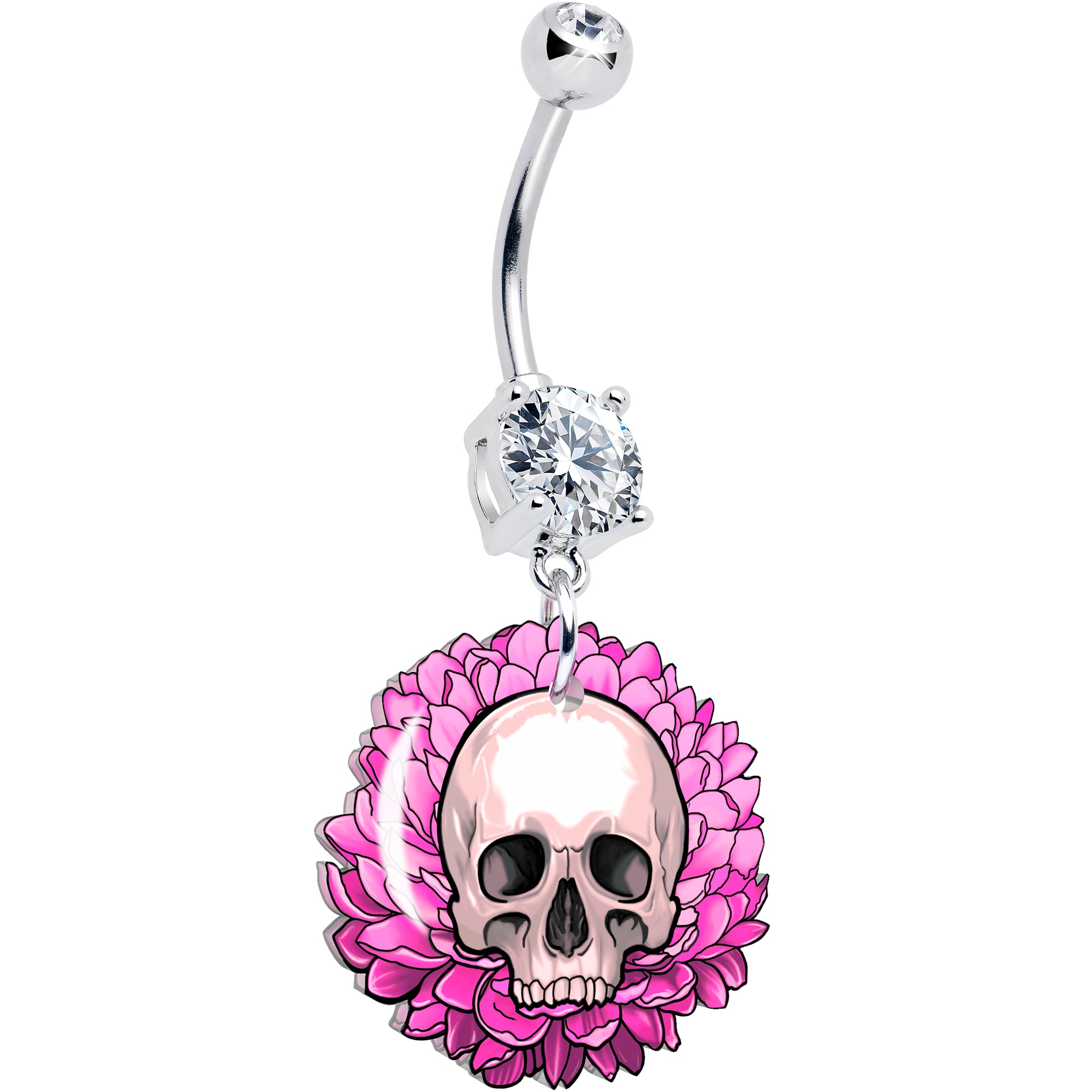 Clear gem pink flower skull dangle belly ring