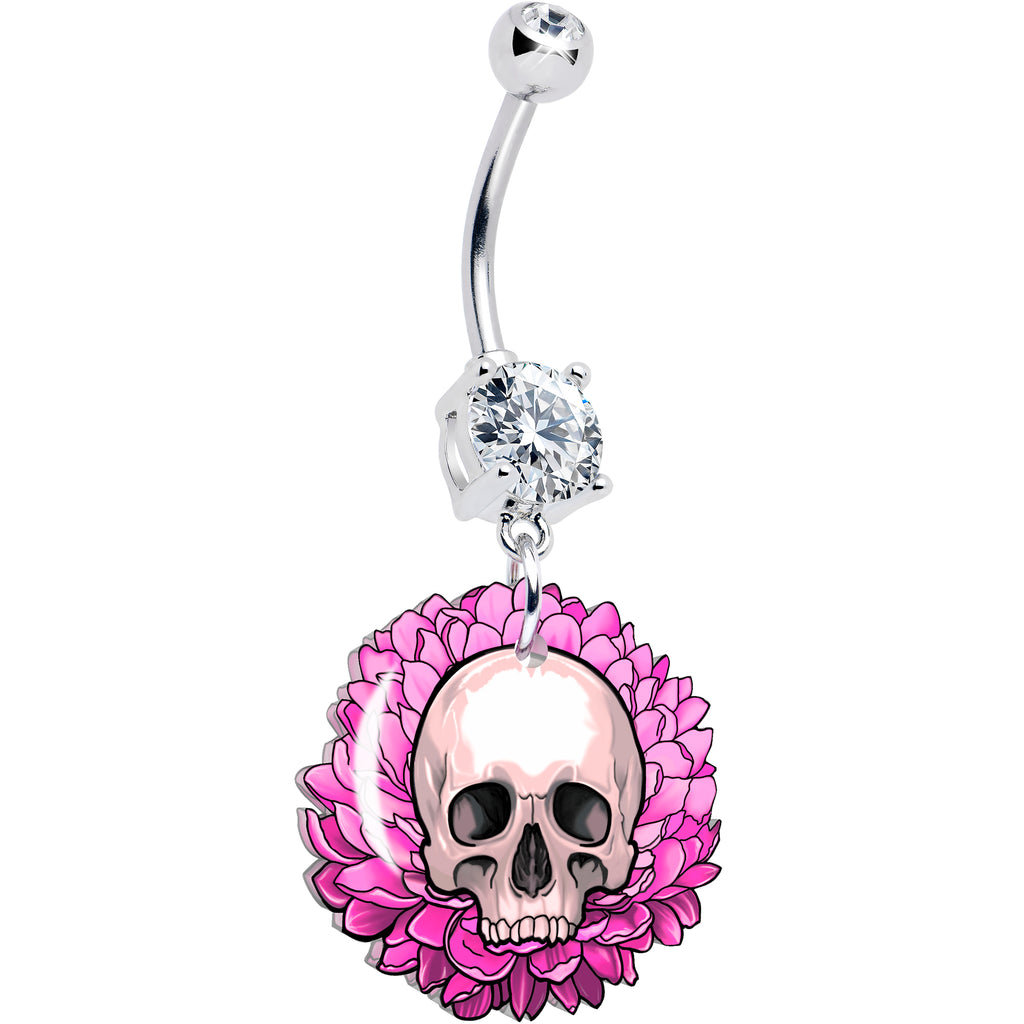 Clear gem pink flower skull dangle belly ring