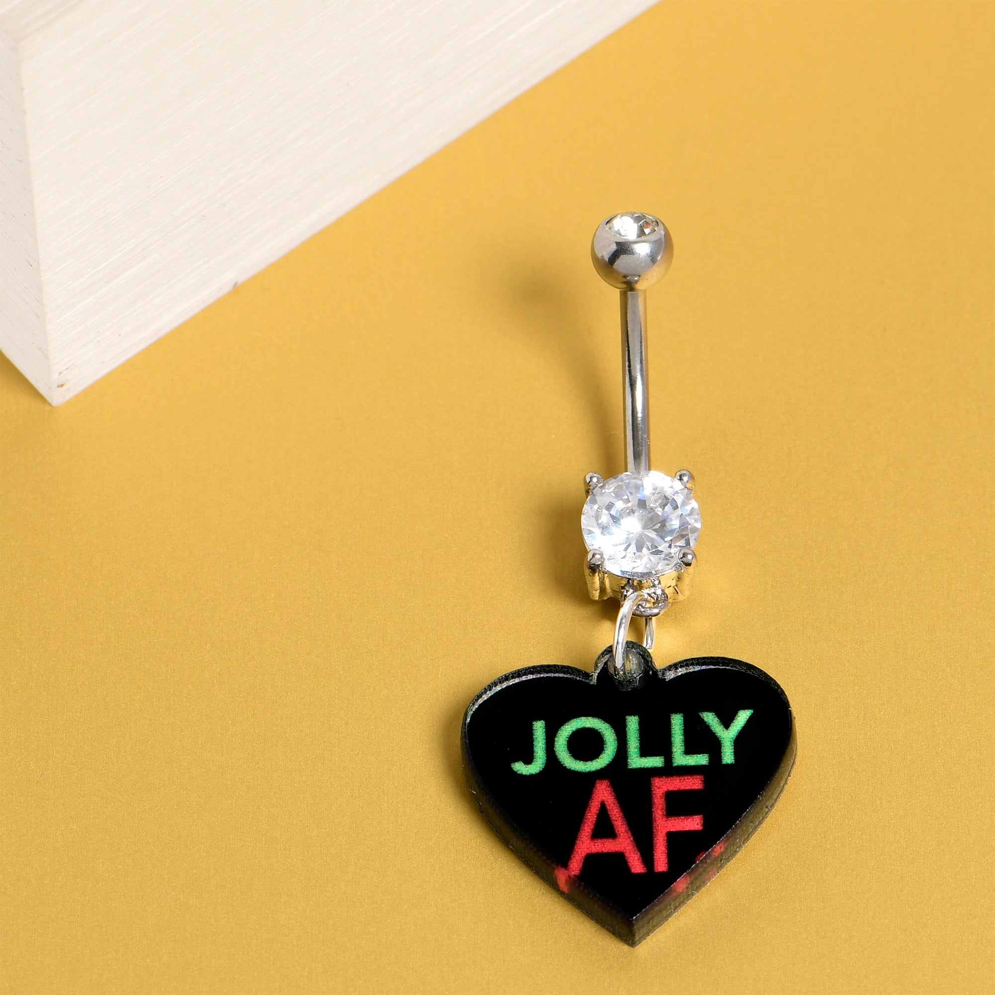 Festive jolly AF heart charm dangle navel piercing