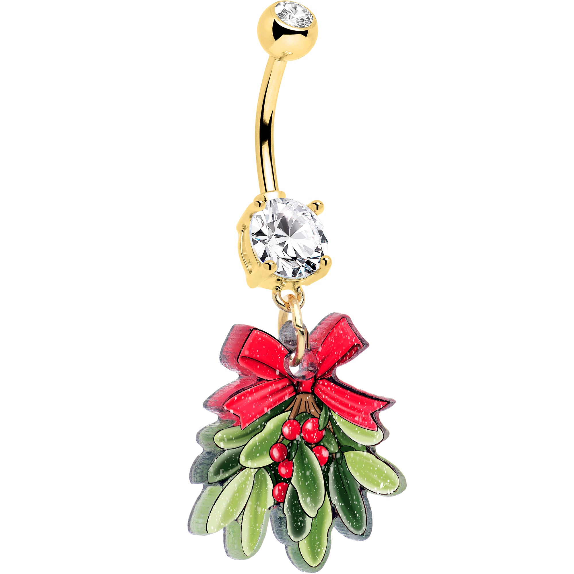 Gold double gem mistletoe dangle Christmas belly ring