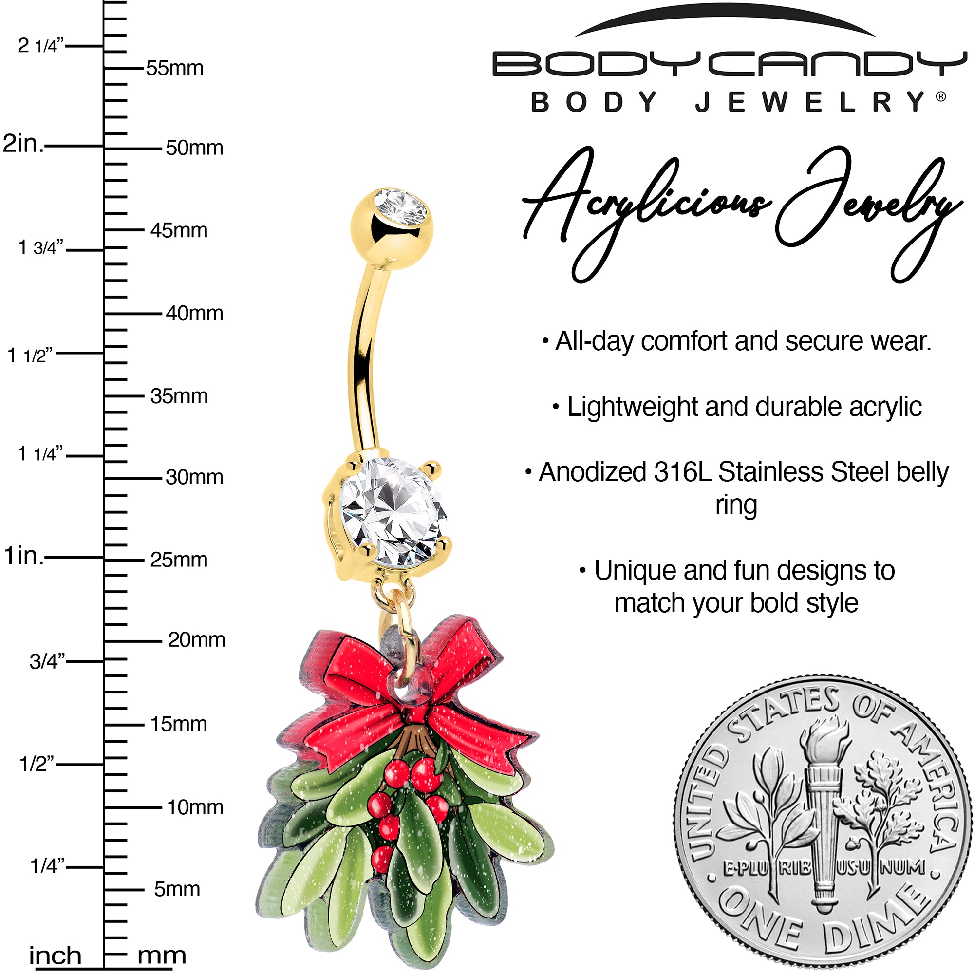 Holiday mistletoe dangle navel ring with gold double gems