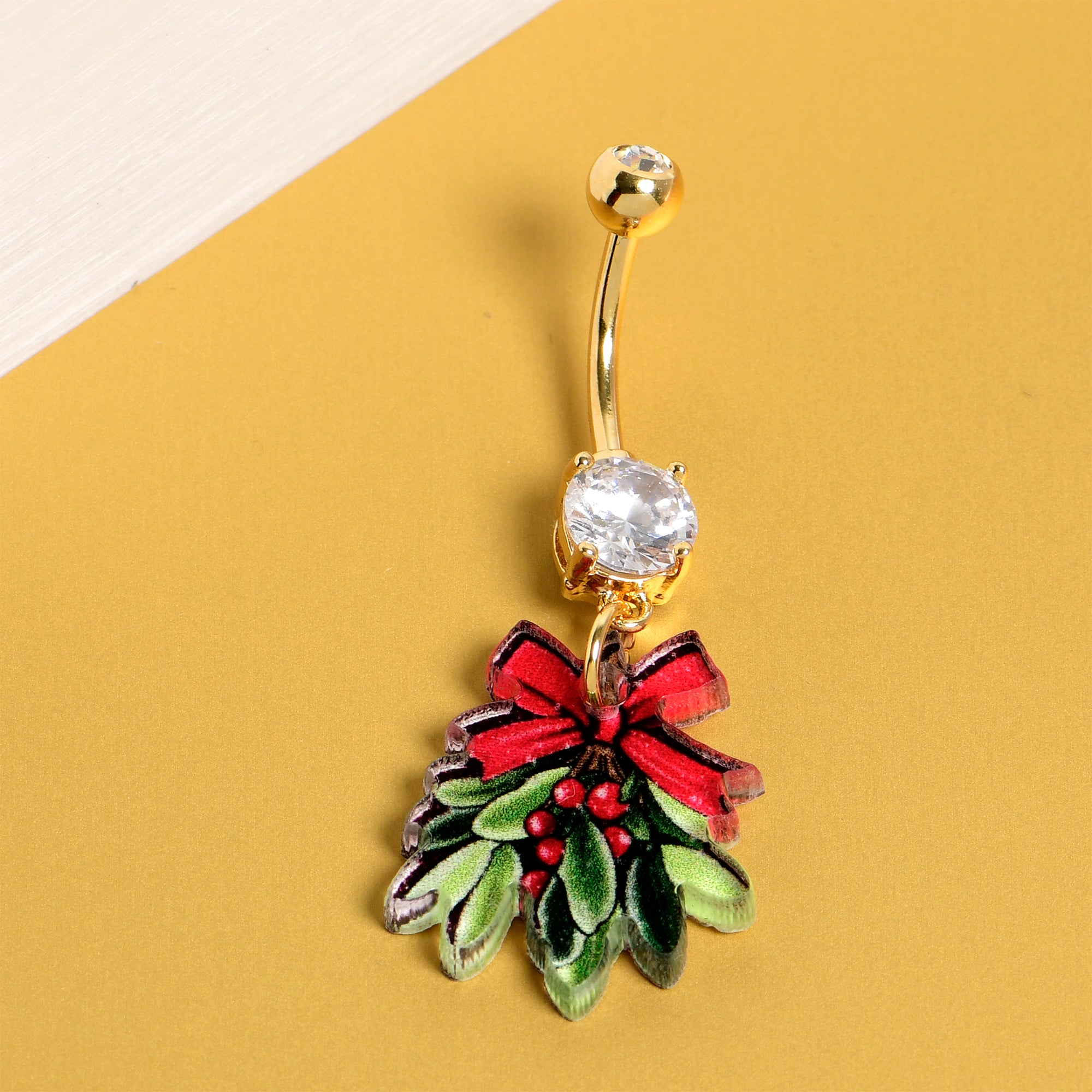 Christmas mistletoe belly piercing jewelry in gold tone