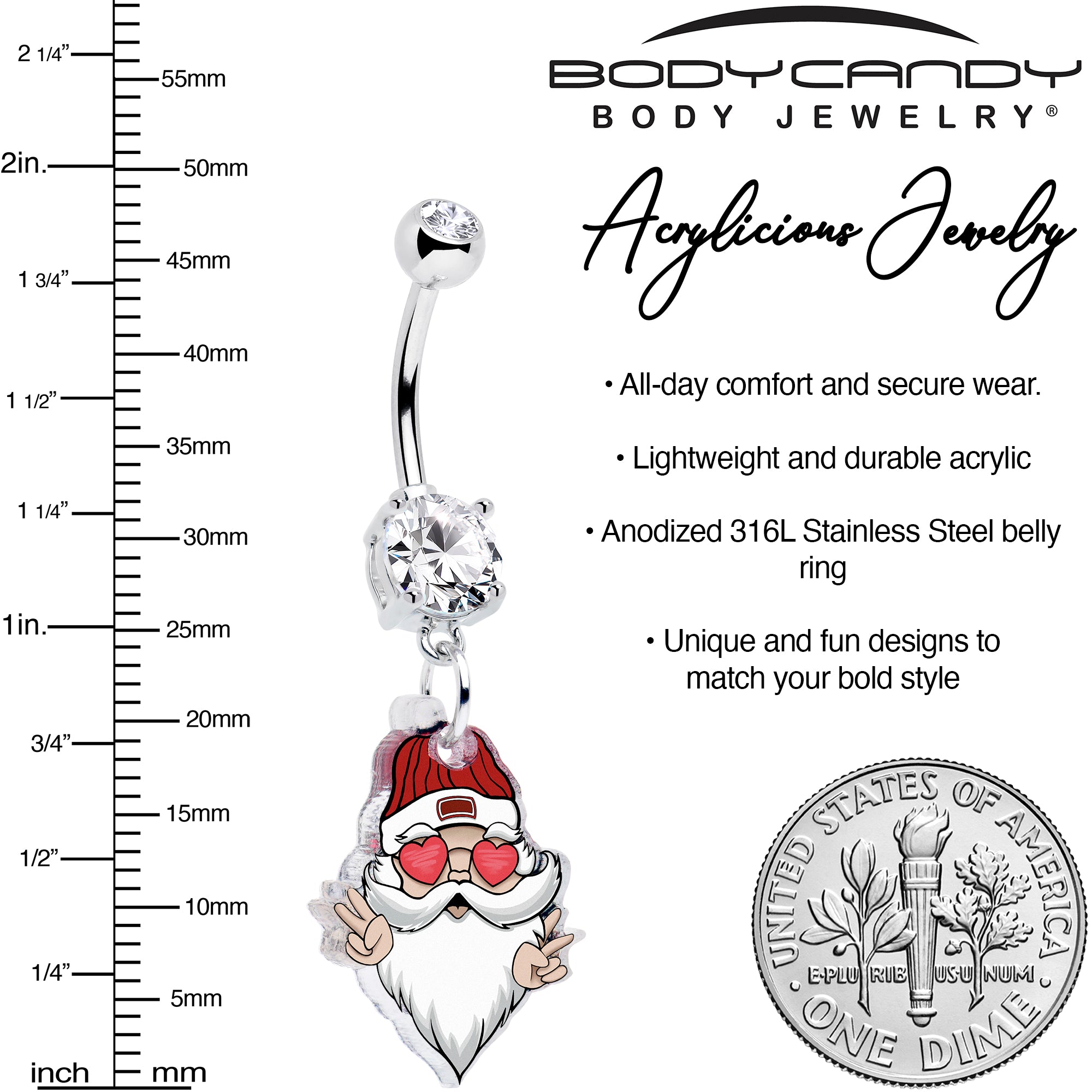 Peace love Santa Christmas navel ring with clear double gems