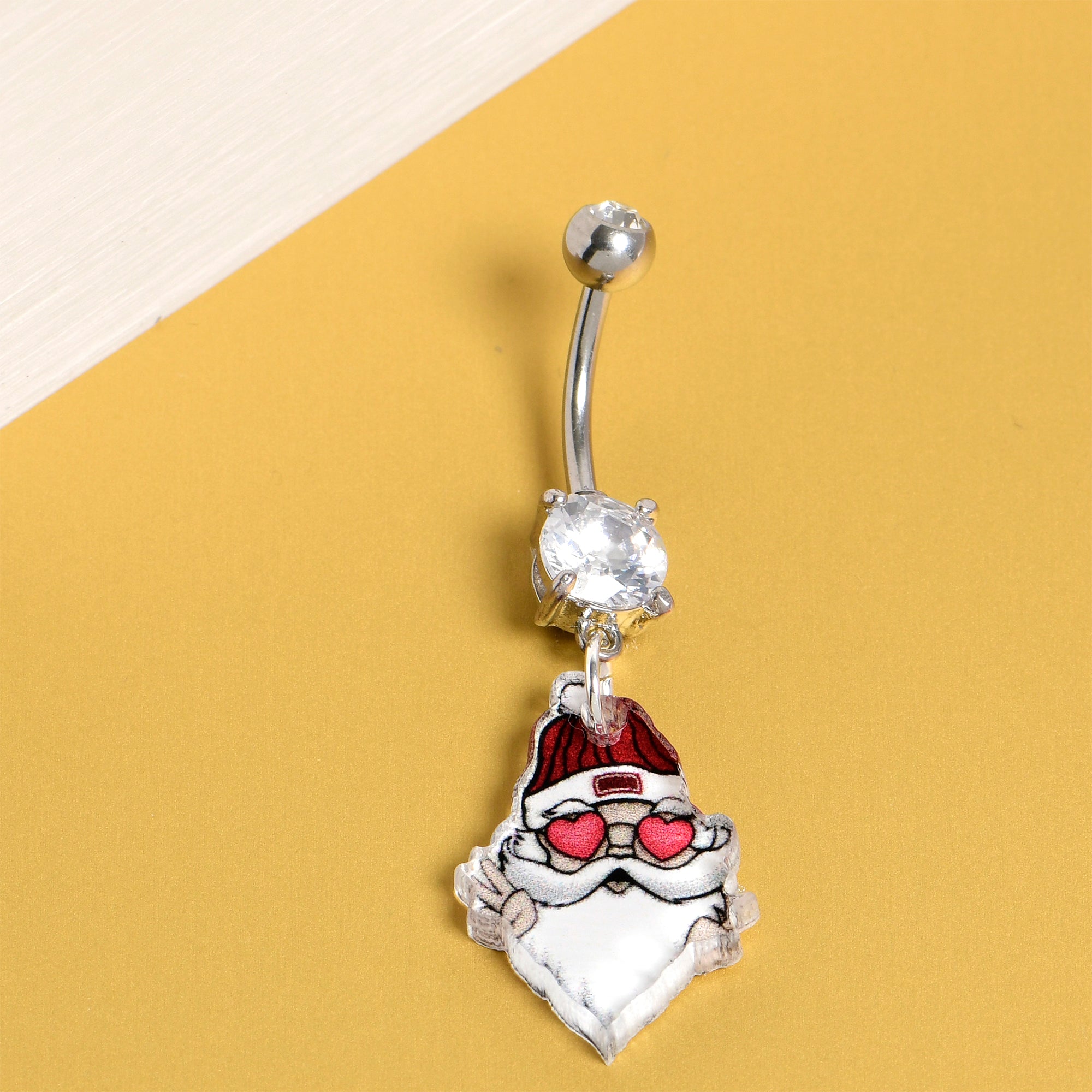 Festive Santa charm dangle navel ring with clear double gems