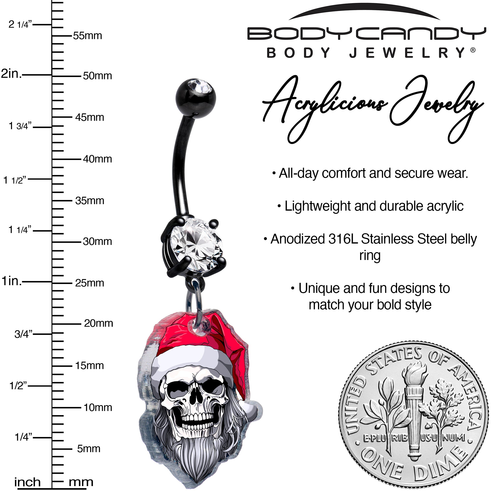 Skeleton Santa Claus holiday belly button ring with black double gems
