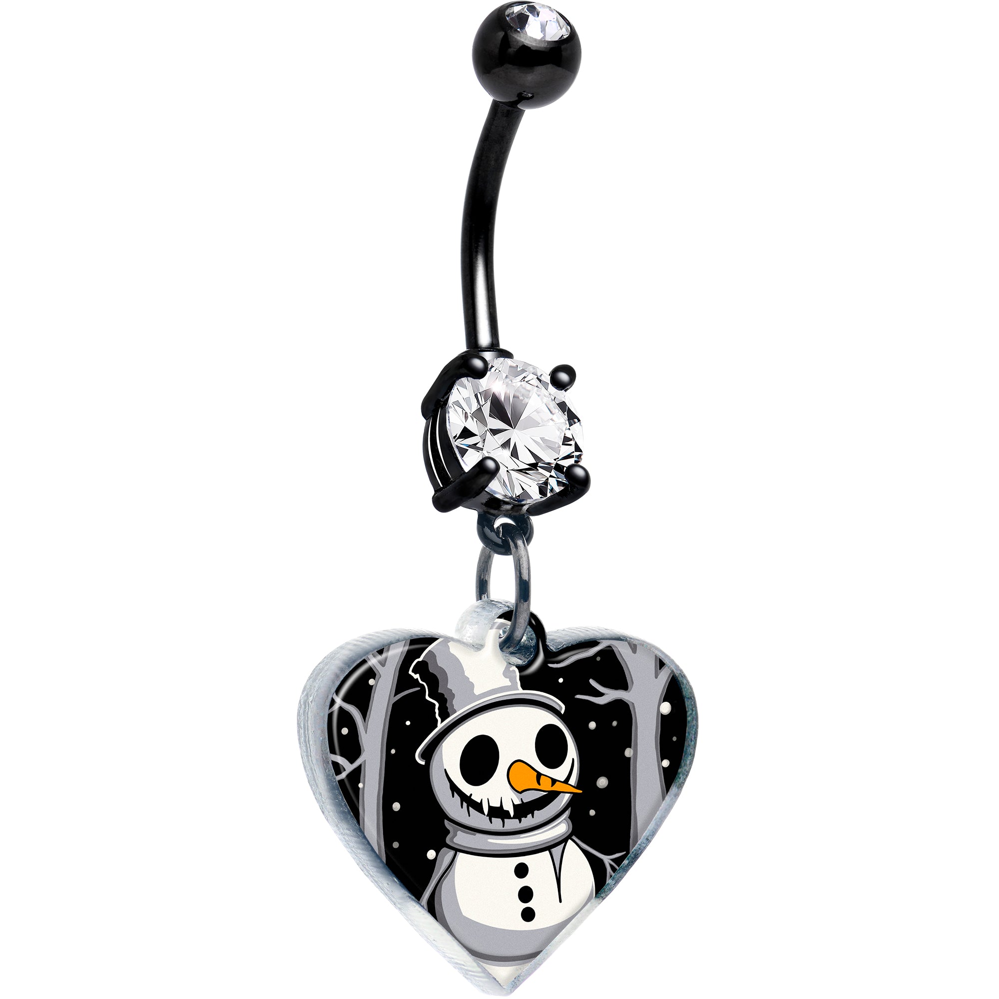 Black double gem spooky snowman dangle Christmas belly ring