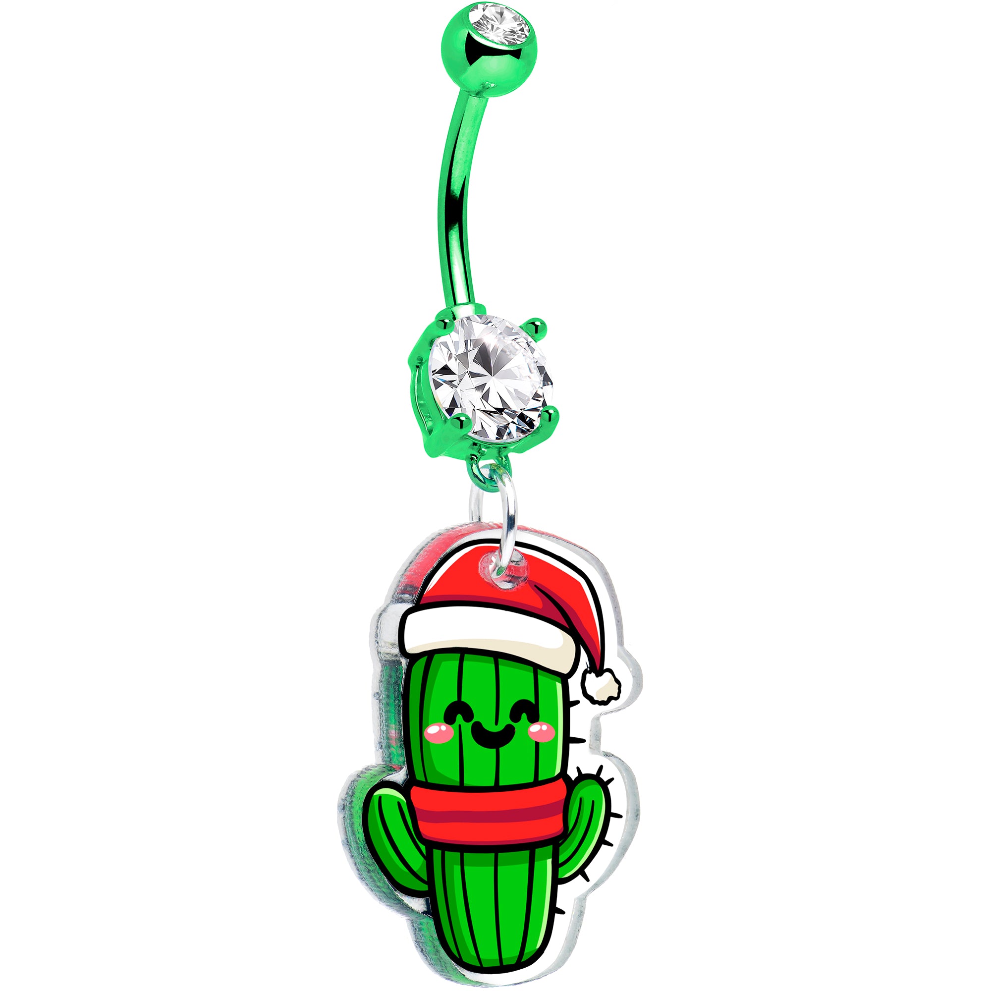 Green double gem Christmas cactus dangle holiday belly ring