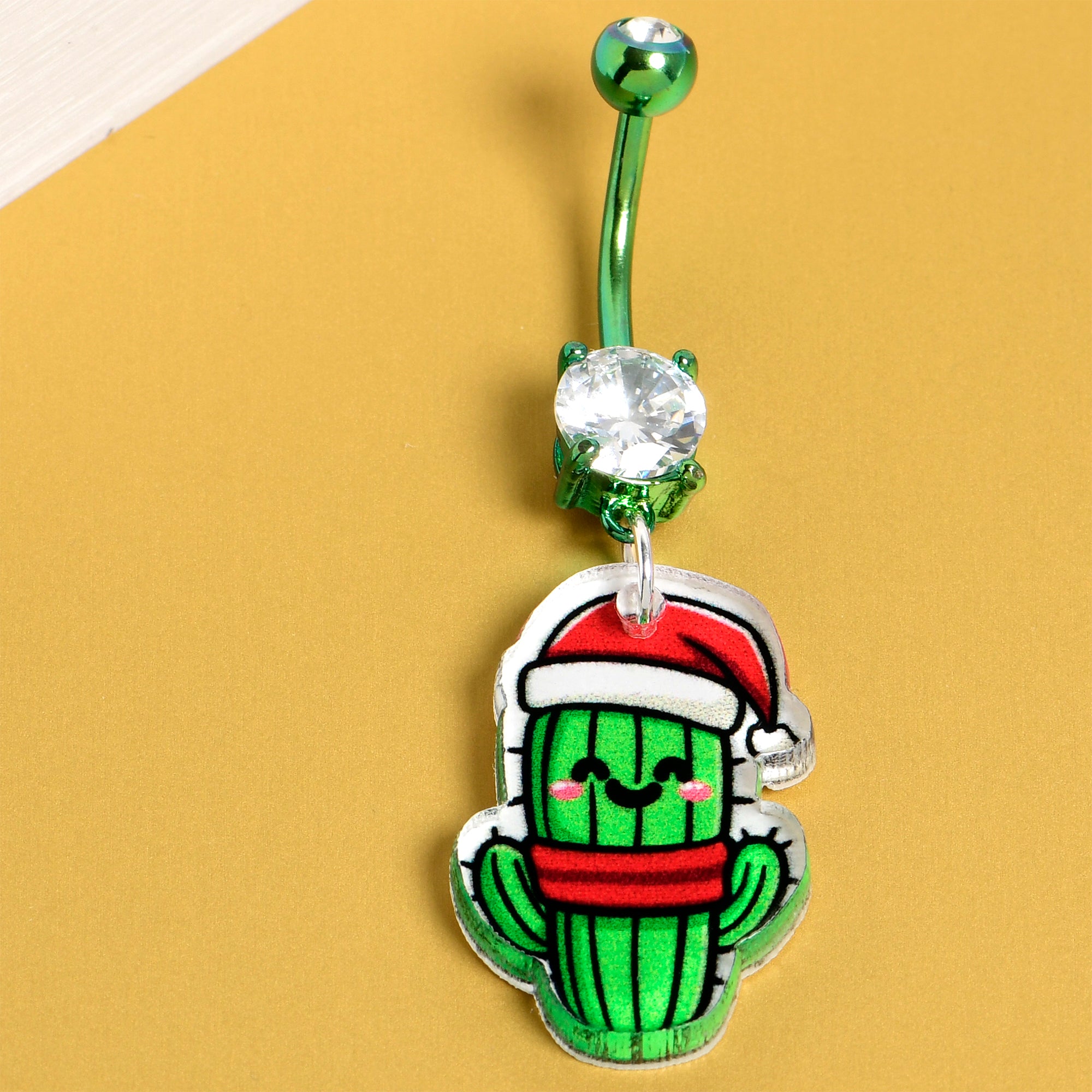 Green gem cactus holiday navel ring dangle style