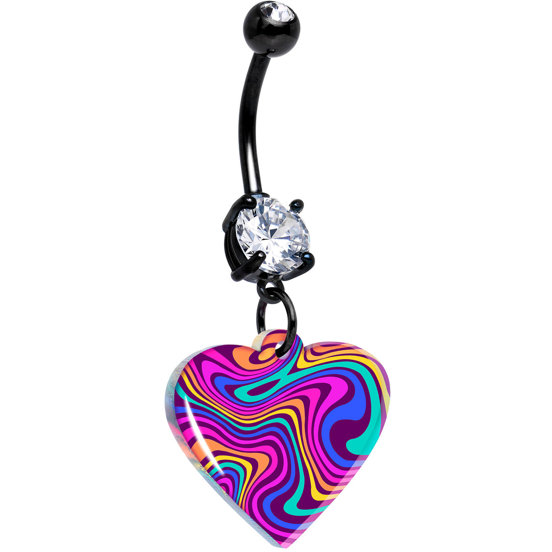 Swirling Heart Dangle Belly Ring Black Double Gem