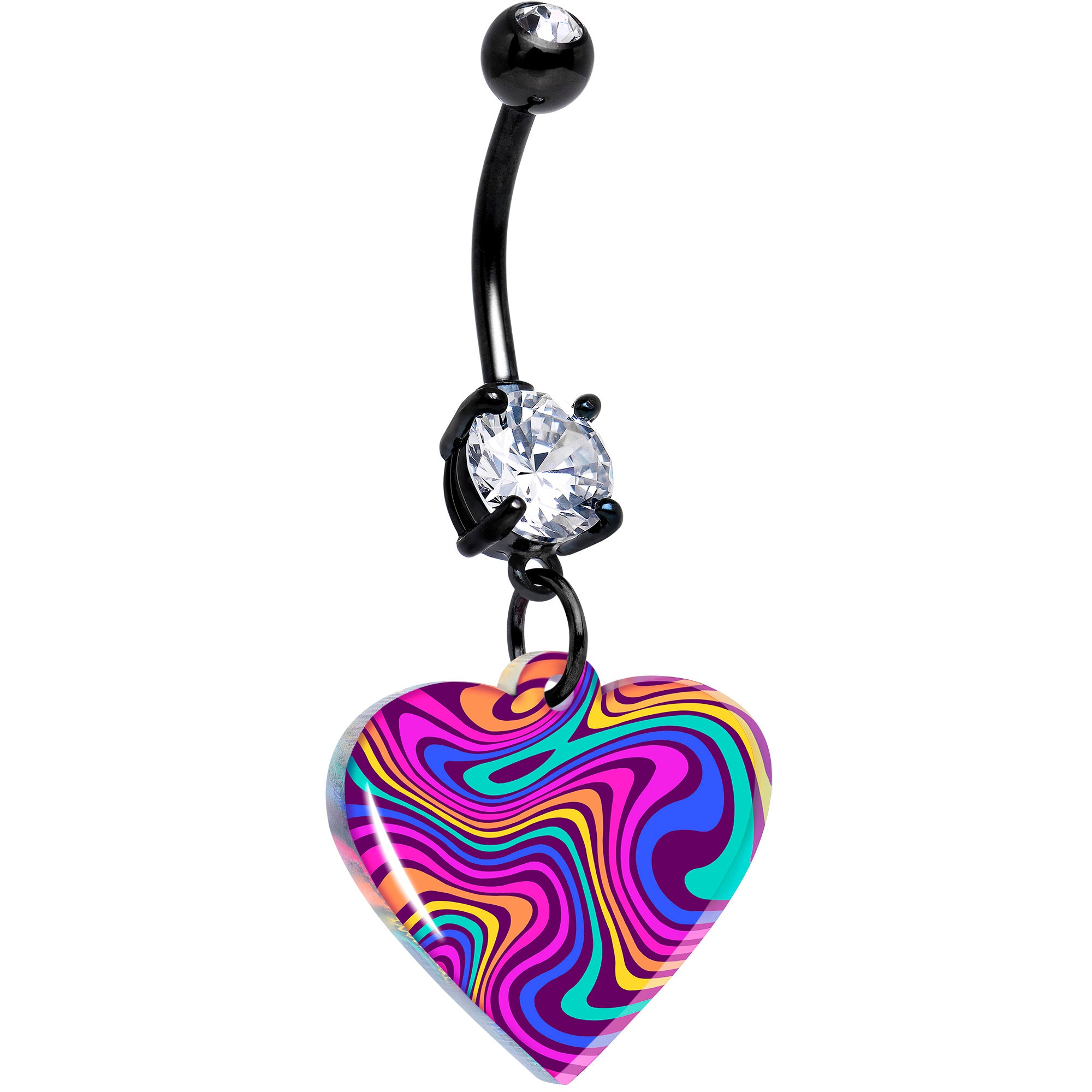 Swirling Heart Dangle Belly Ring Black Double Gem