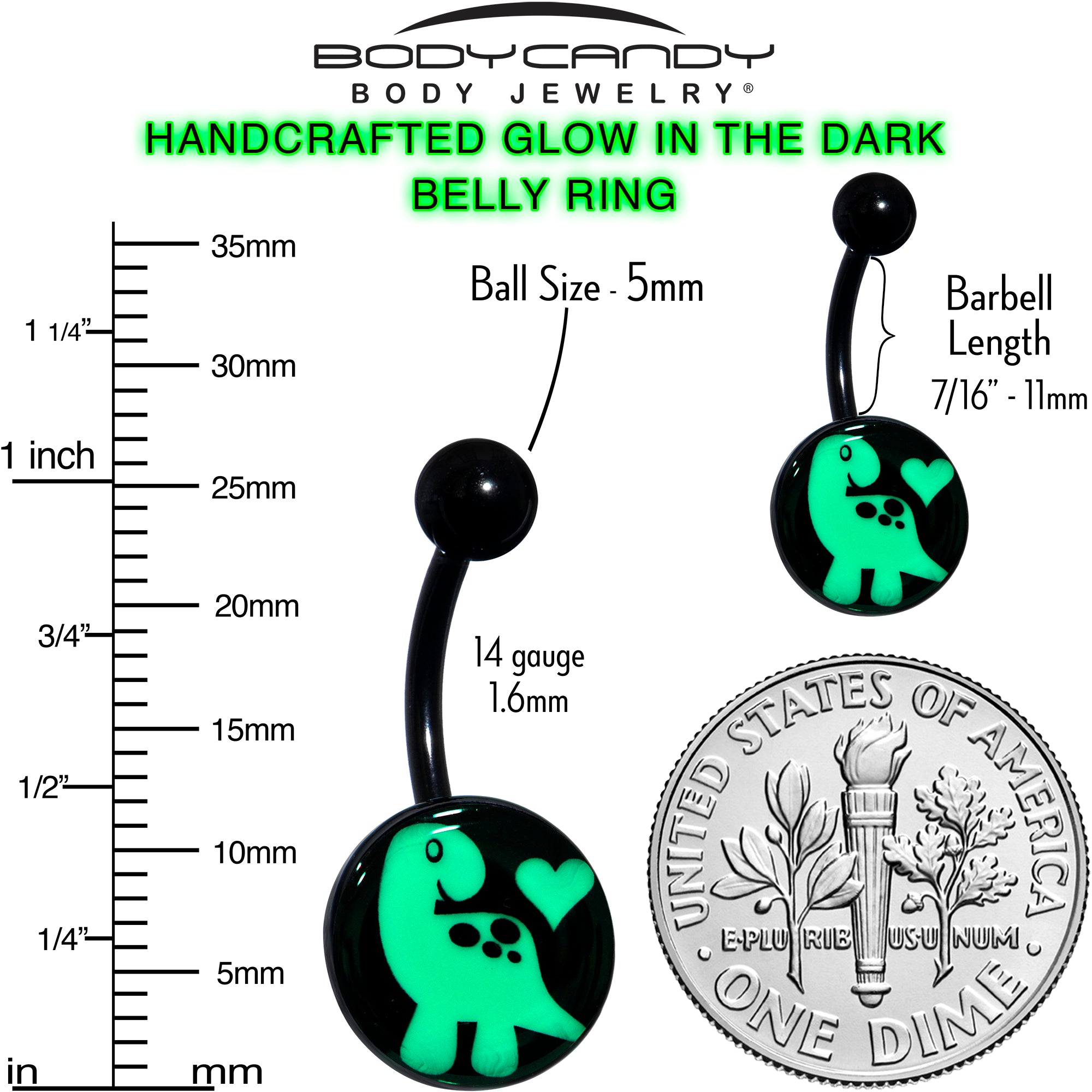 Black Glow in the Dark Cute Dinosaur  Stainless Steel Belly Ring stainless steel navel piercing