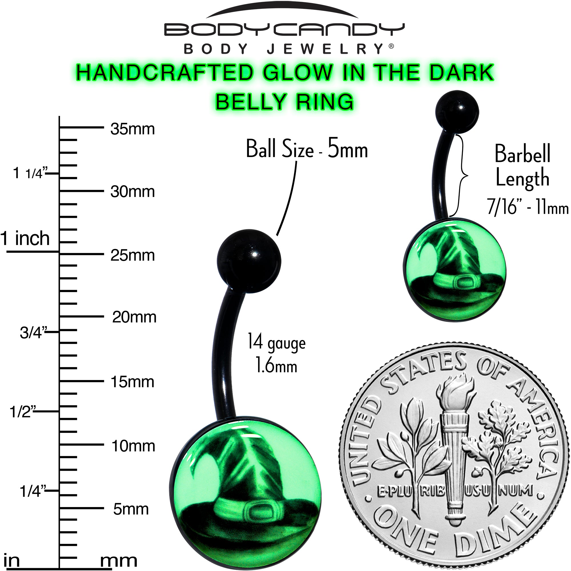 Black Titanium Magic Witch Hat Glow in the Dark Belly Ring