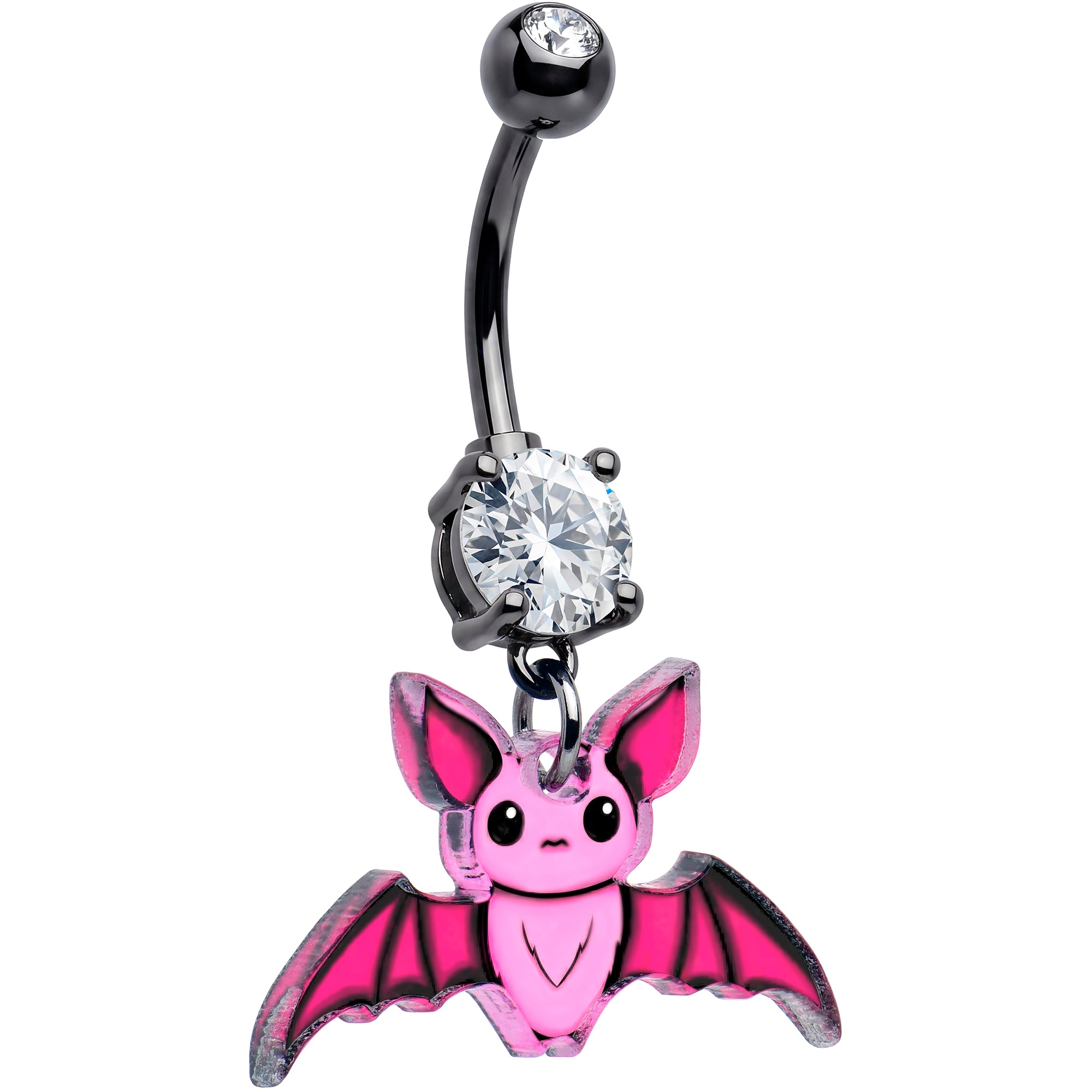 Black Gem Pretty Pink Bat Acrylic Dangle Belly Ring by Onyx O