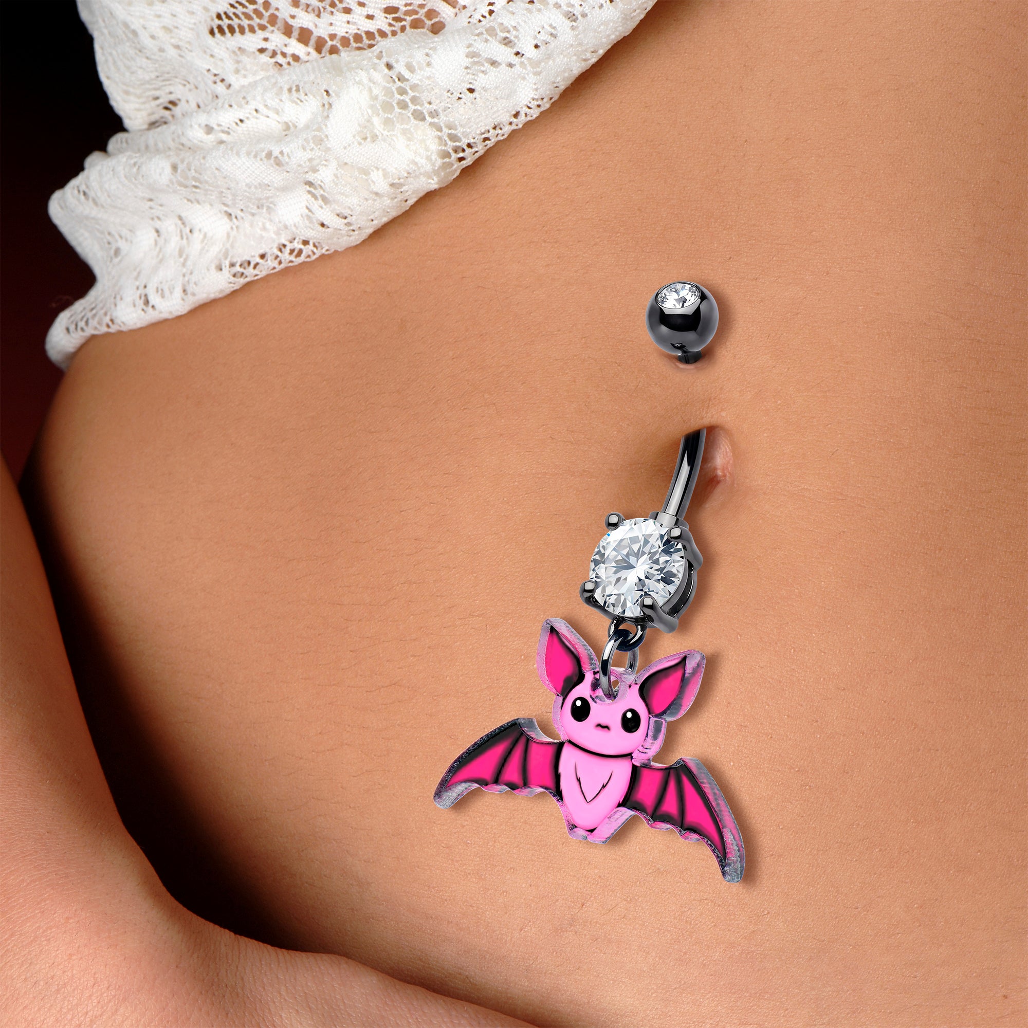 Black Gem Pretty Pink Bat Acrylic Dangle Belly Ring by Onyx O