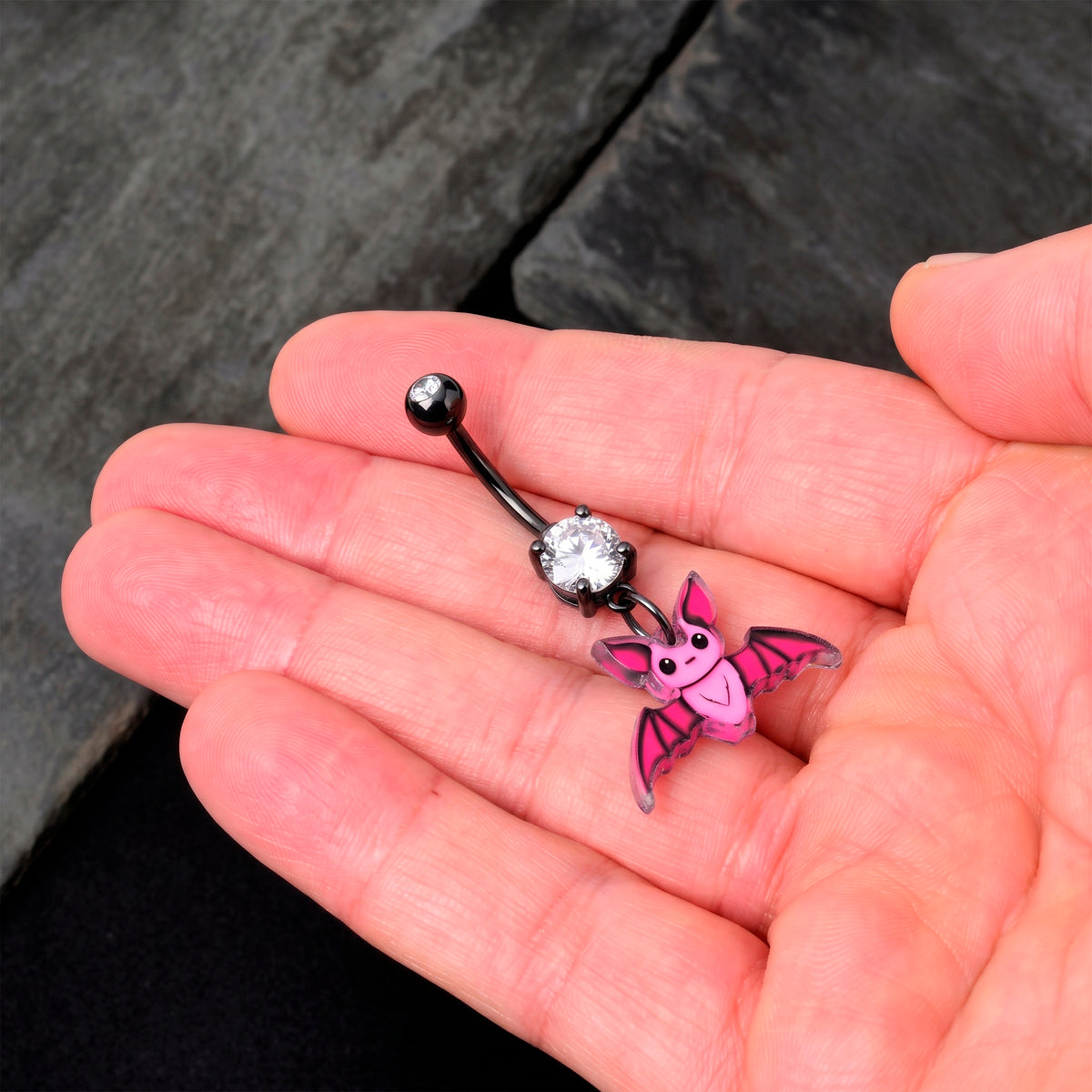 Black Gem Pretty Pink Bat Acrylic Dangle Belly Ring by Onyx O