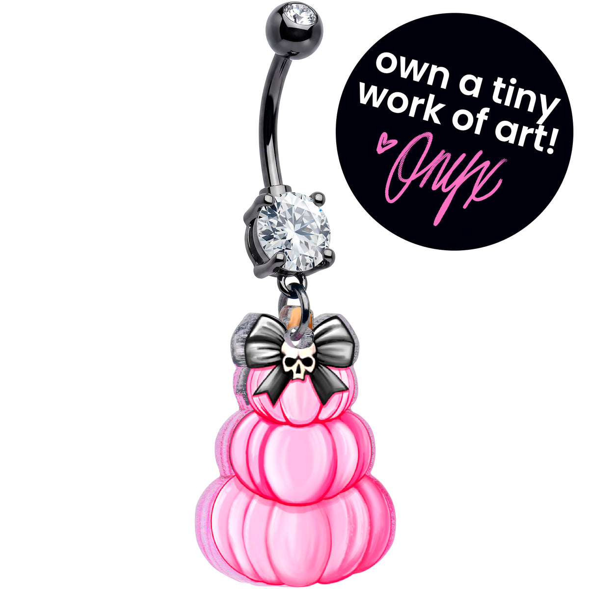 Black Gem Pink Skull Bow Pumpkin Stack Dangle Belly Ring by Onyx O
