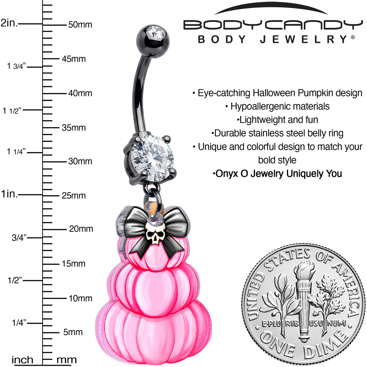 Black Gem Pink Skull Bow Pumpkin Stack Dangle Belly Ring by Onyx O