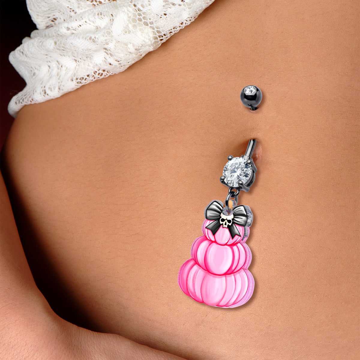 Black Gem Pink Skull Bow Pumpkin Stack Dangle Belly Ring by Onyx O