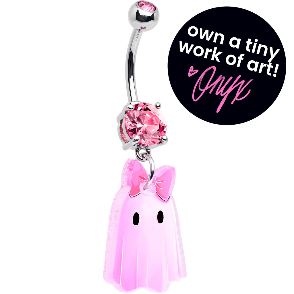 Pink Gem Pretty Pink Ghost Acrylic Dangle Belly Ring by Onyx O