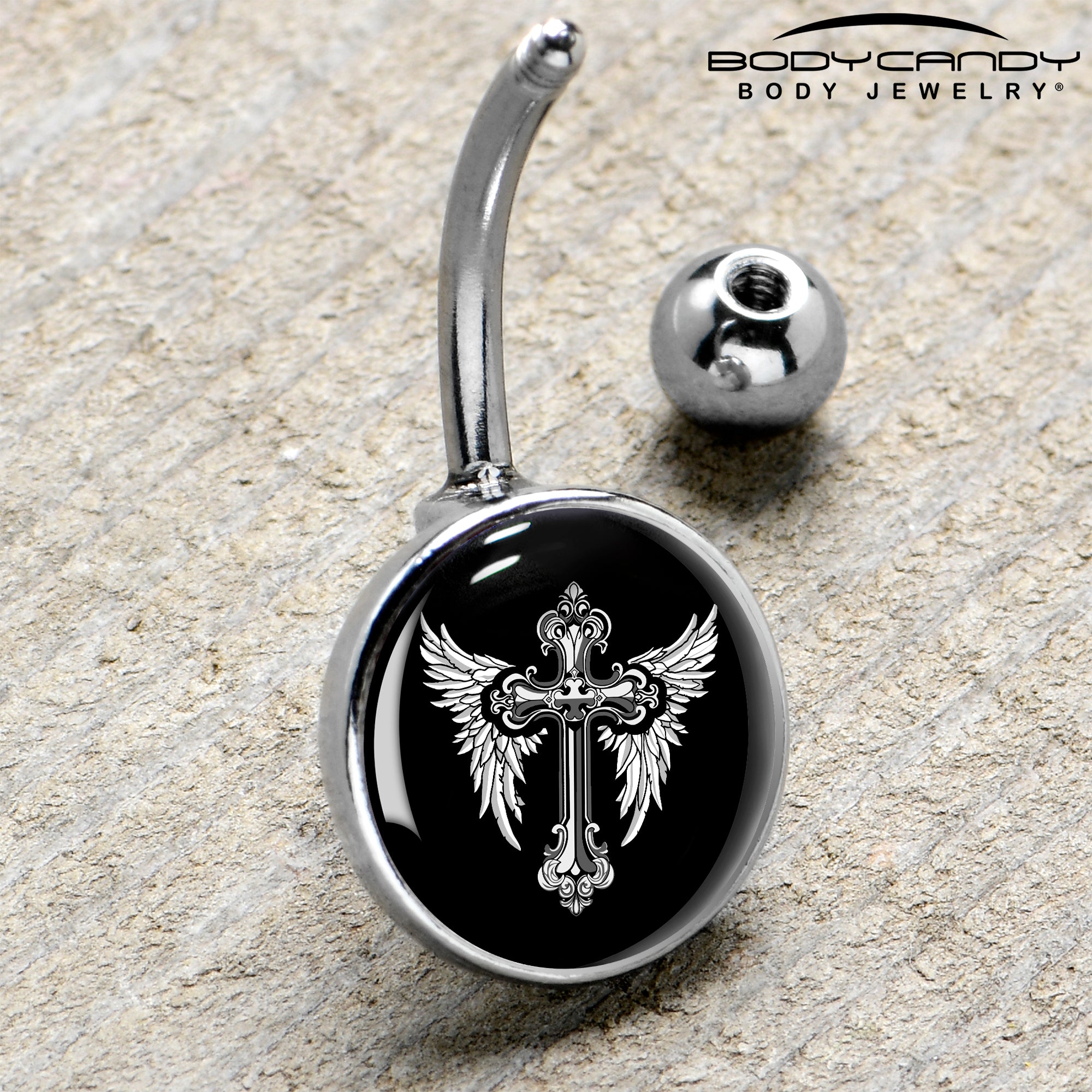 Black White Winged Cross  Stainless Steel Belly Ring handmade design
