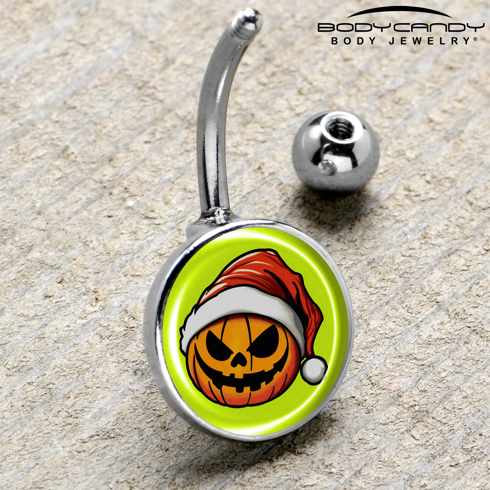 Holiday themed pumpkin belly ring with Santa hat