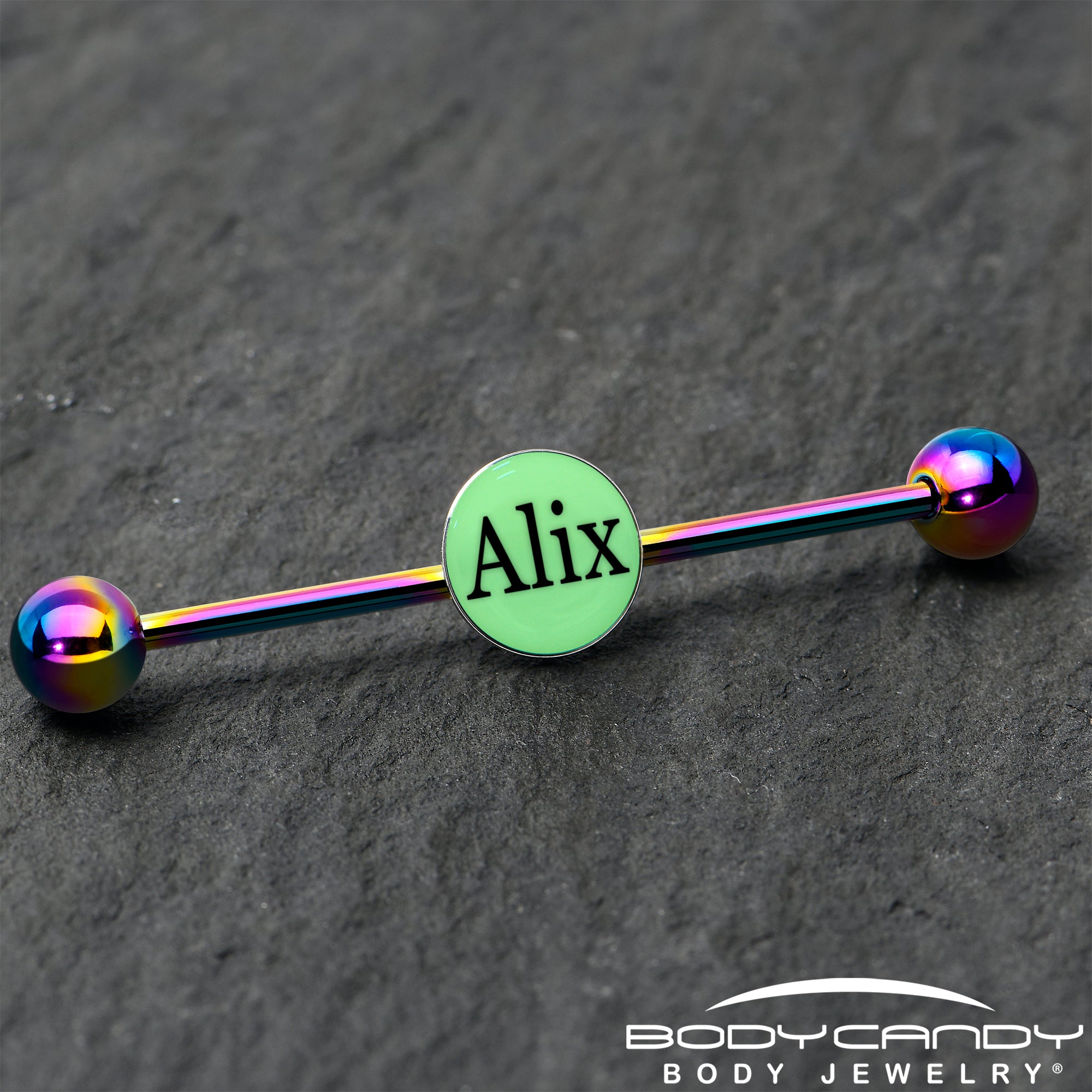 Custom Glow in the Dark Personalized Industrial Barbell in Rainbow Titanium