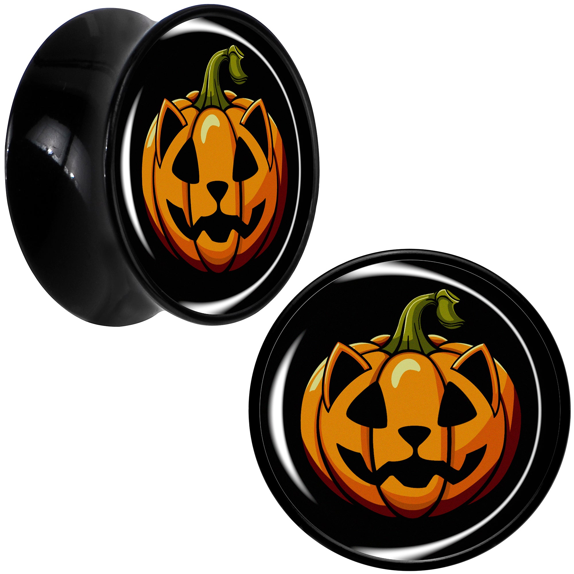 Orange Pumpkin Cat Jack-O-Lantern Black Acrylic Saddle Plug Set by Onyx O