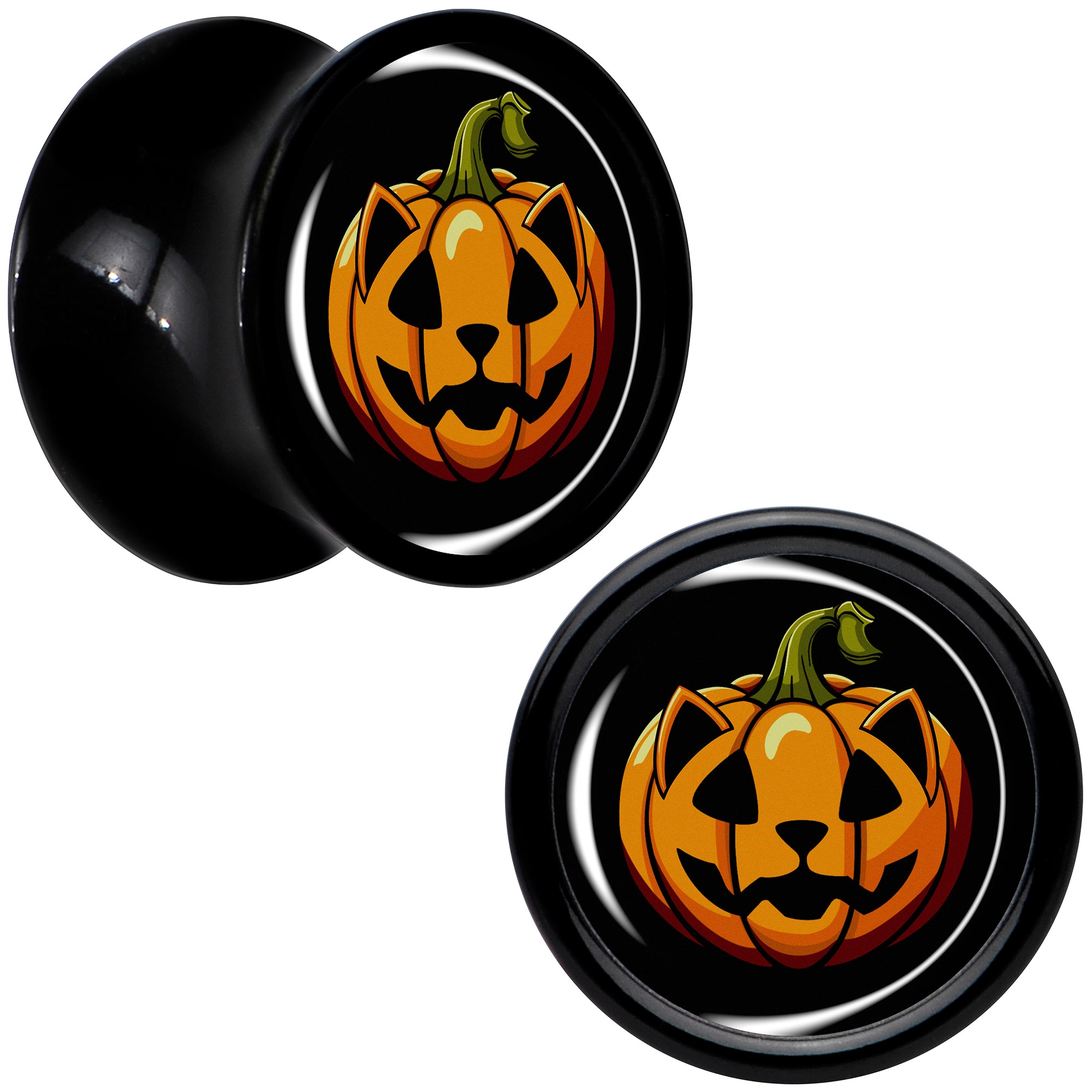 Orange Pumpkin Cat Jack-O-Lantern Black Acrylic Saddle Plug Set by Onyx O
