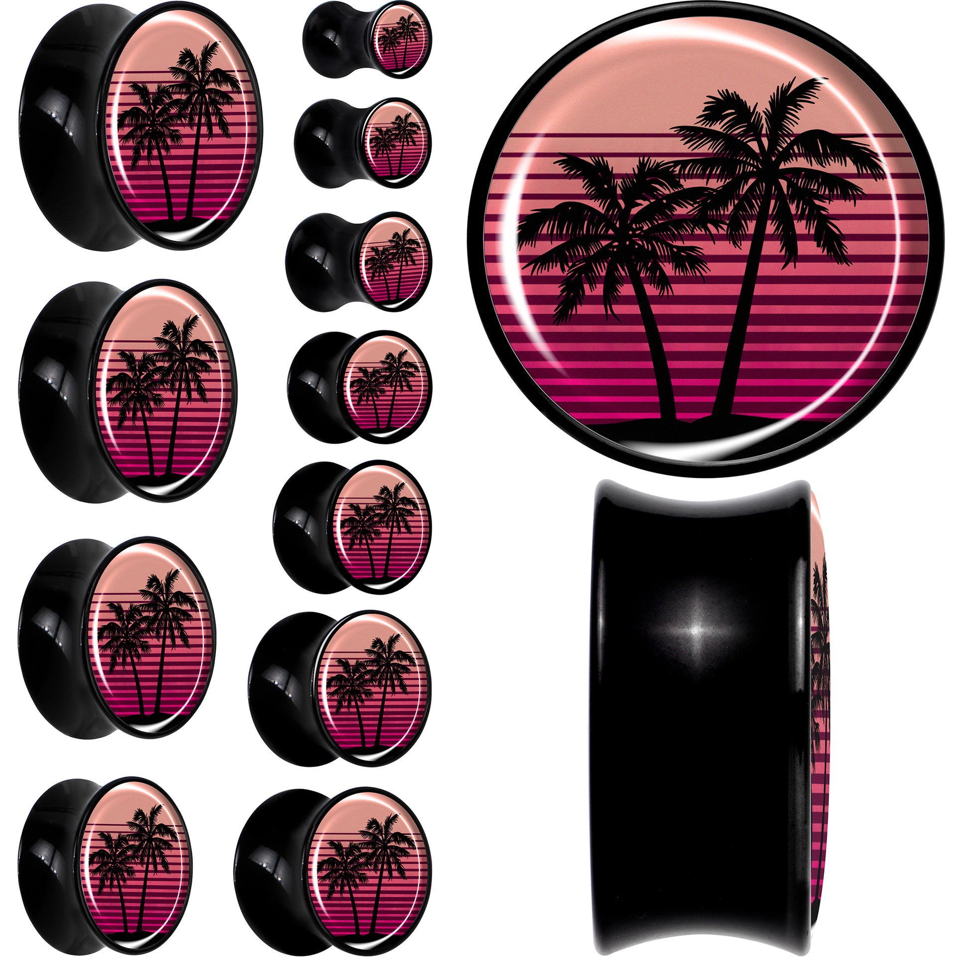 Palm Tree Retro Sunset Black Acrylic Saddle Plug Set by Onyx O
