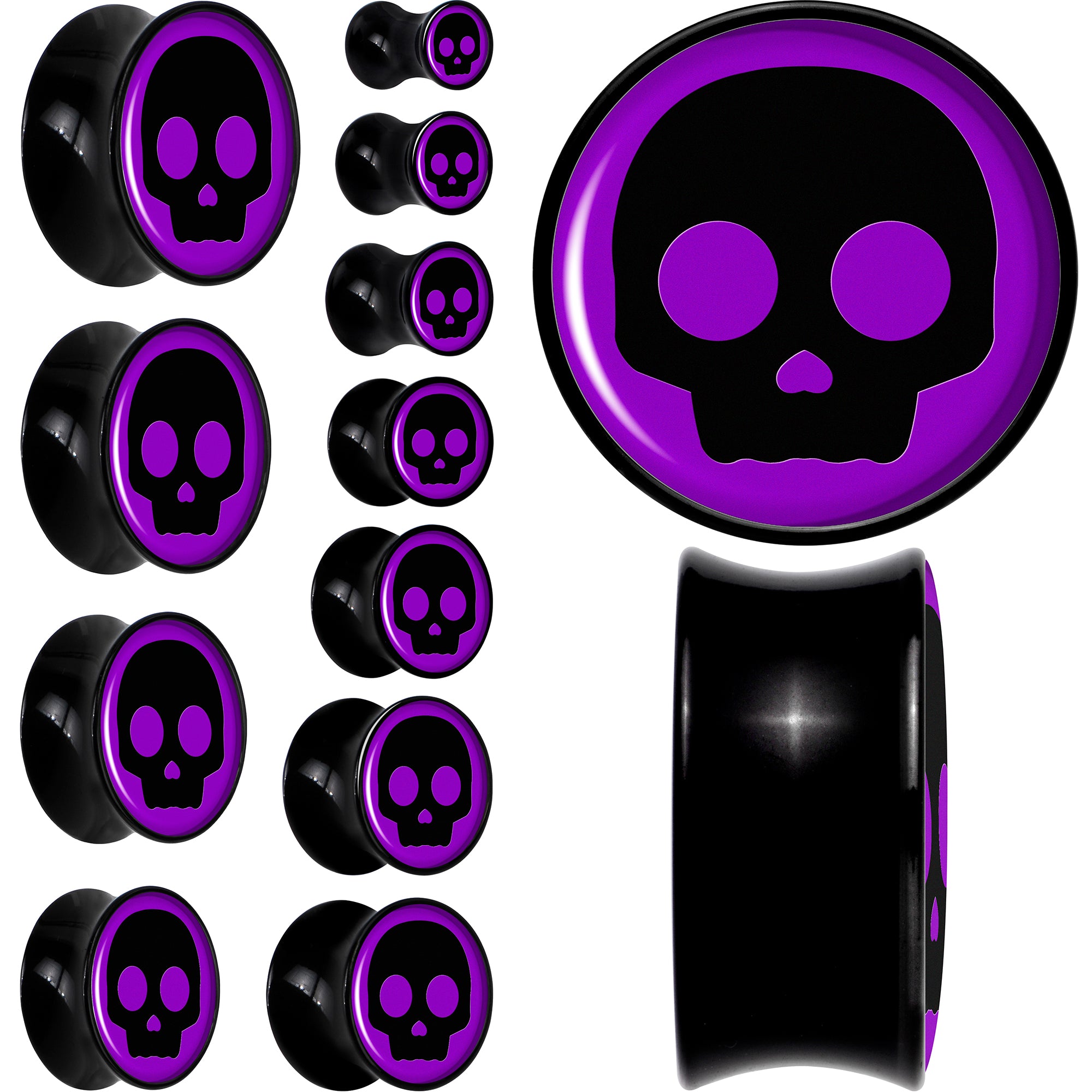0 Gauge Purple Black Simple Skull Black Acrylic Saddle Plug Set