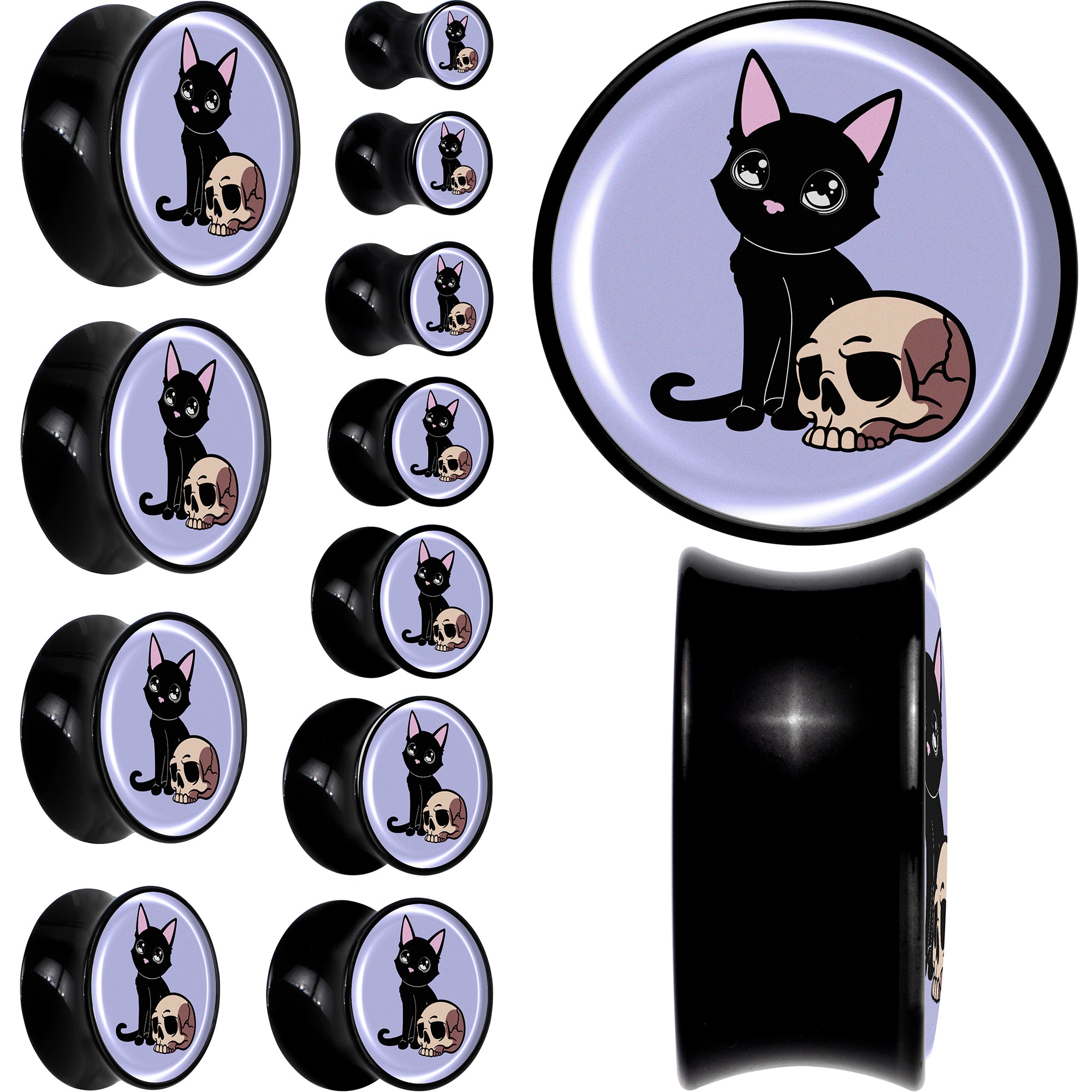 0 Gauge Skull Cat Black Acrylic Saddle Plug Set