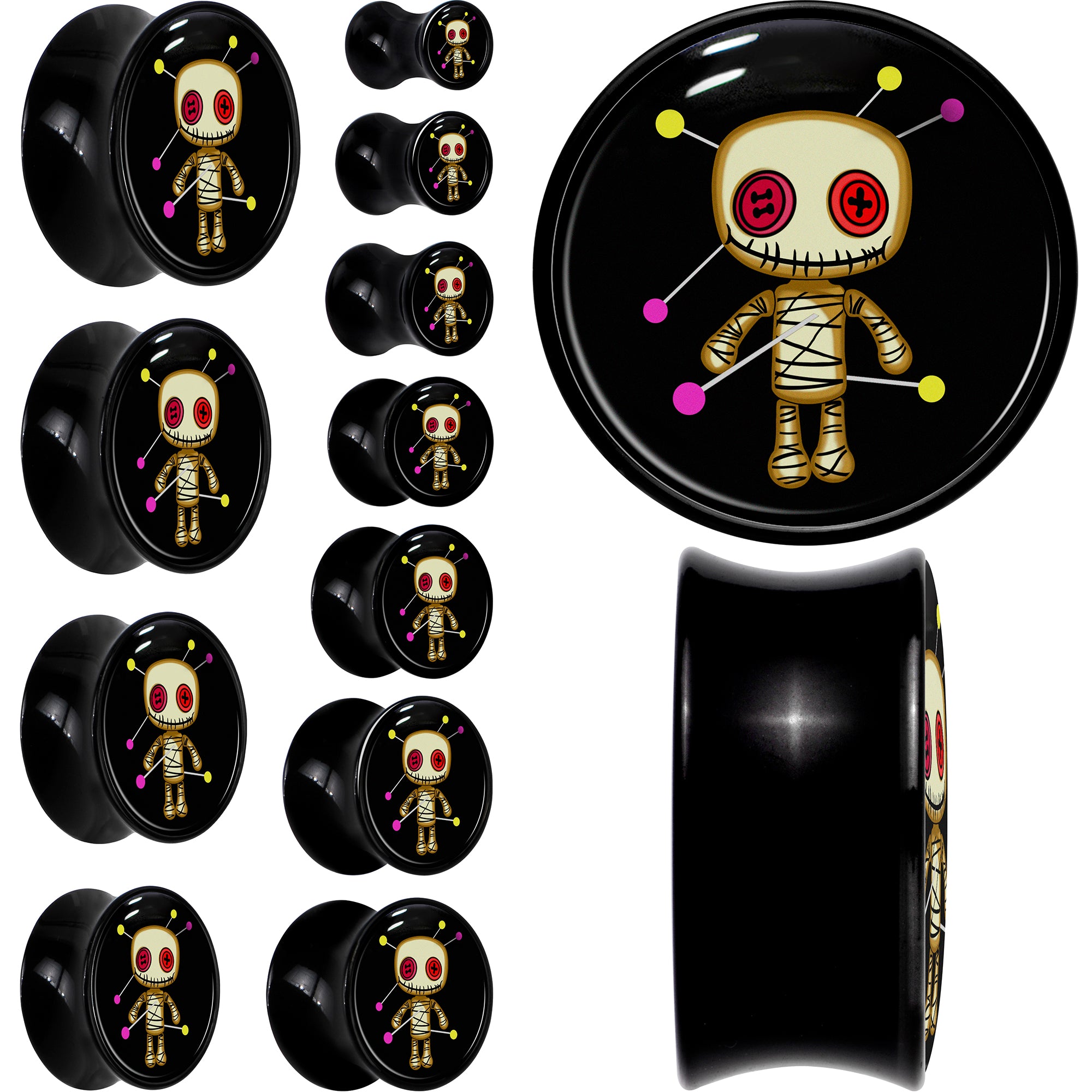 0 Gauge Voodoo Doll Black Acrylic Saddle Plug Set