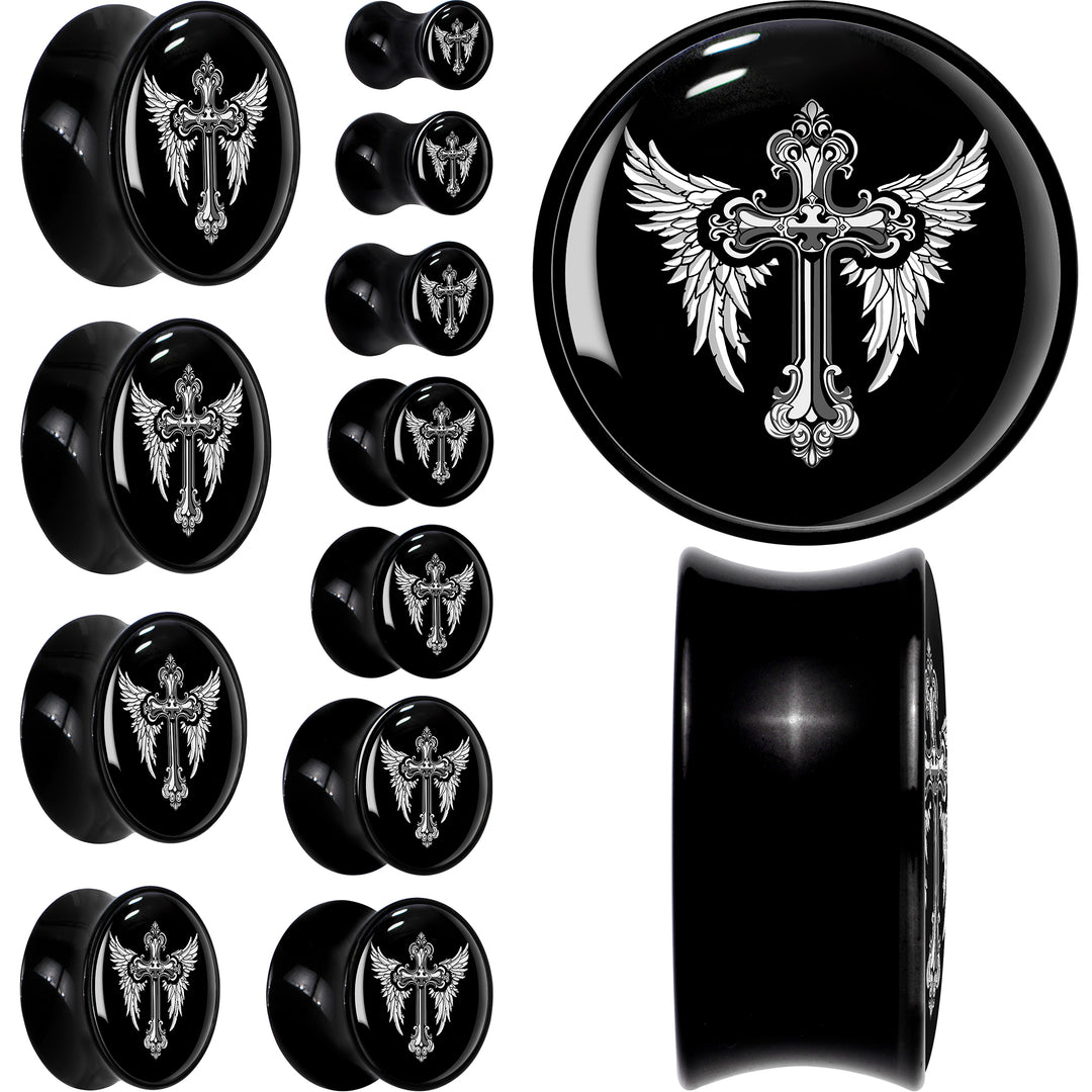 0G Black White Winged Cross Black Acrylic Saddle Plug Set by Onyx O