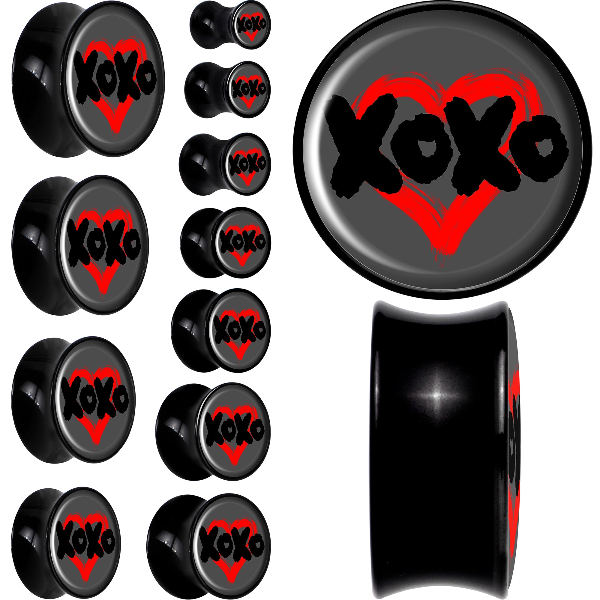0 Gauge XOXO Heart Black Acrylic Saddle Plug Set