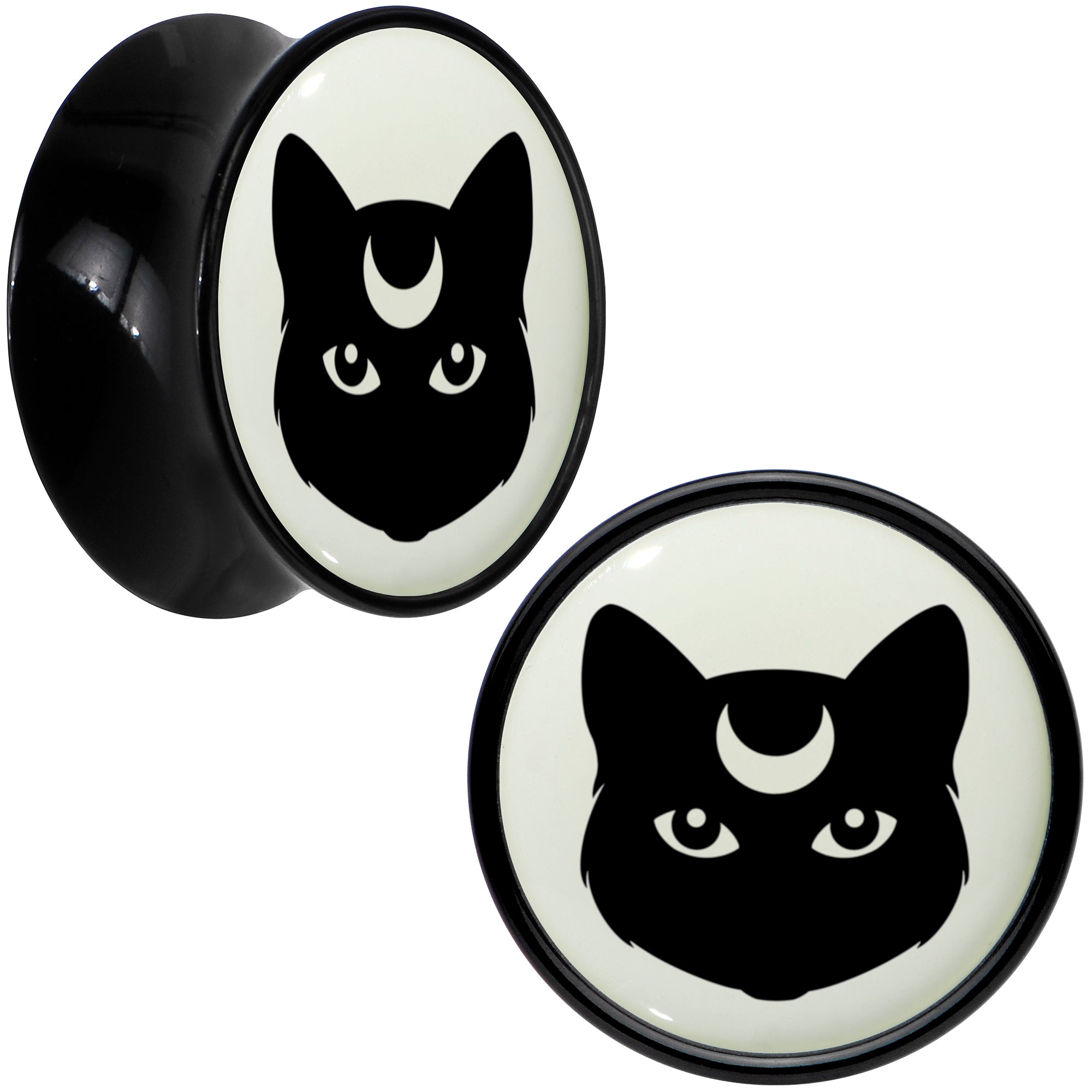 Glow in the Dark Mystic Kitty Cat Black Acrylic Saddle Plug Set by Onyx O