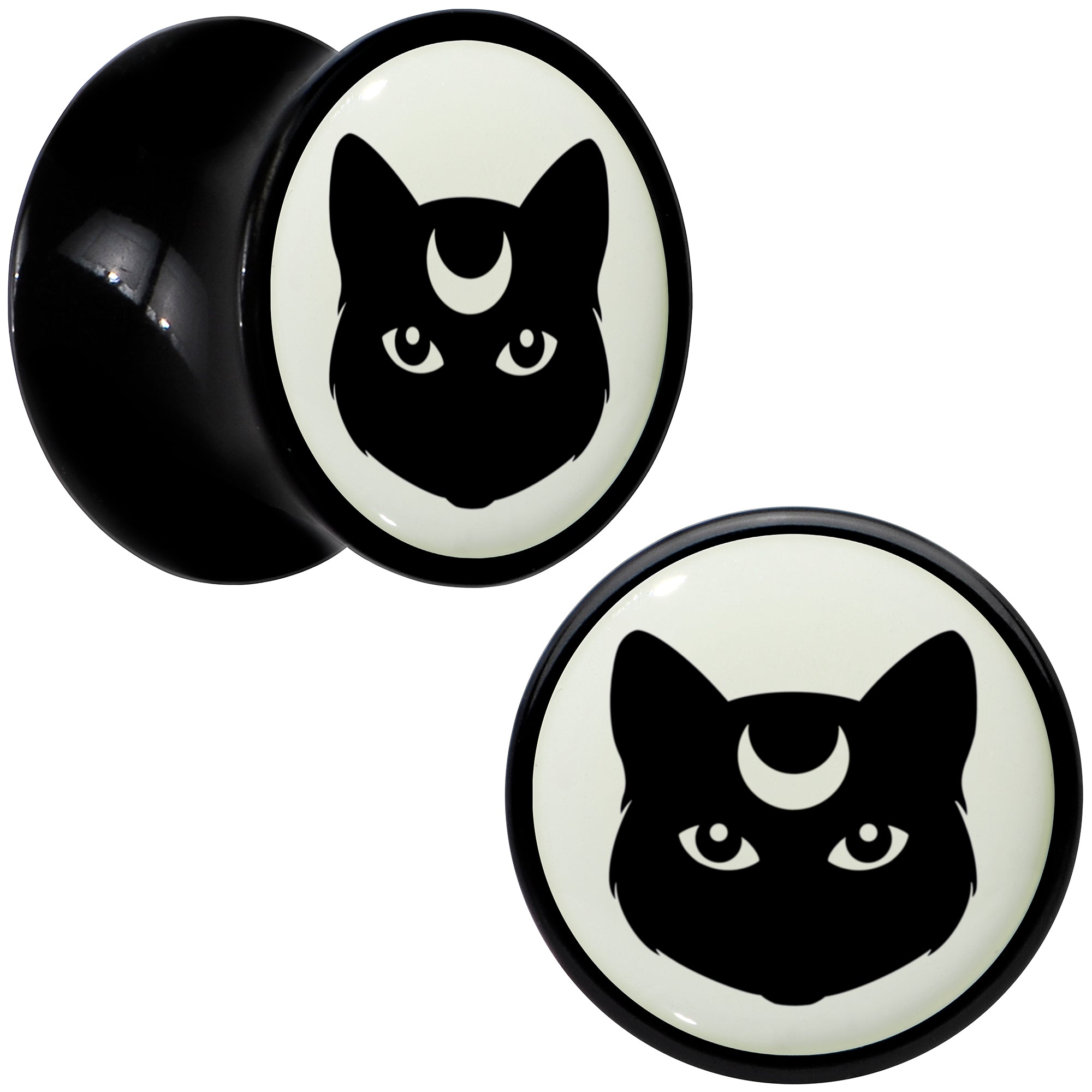 Glow in the Dark Mystic Kitty Cat Black Acrylic Saddle Plug Set by Onyx O