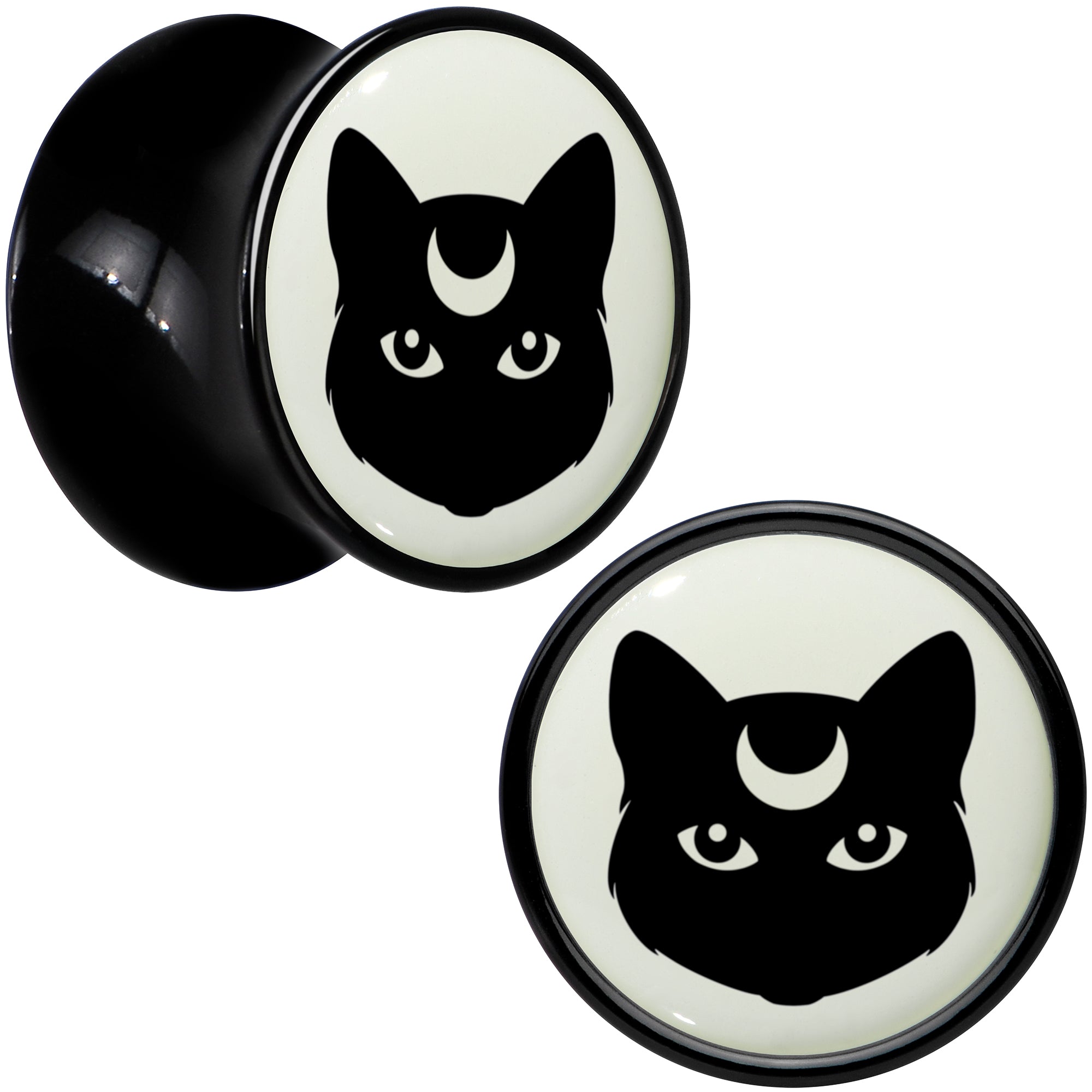 Glow in the Dark Mystic Kitty Cat Black Acrylic Saddle Plug Set by Onyx O