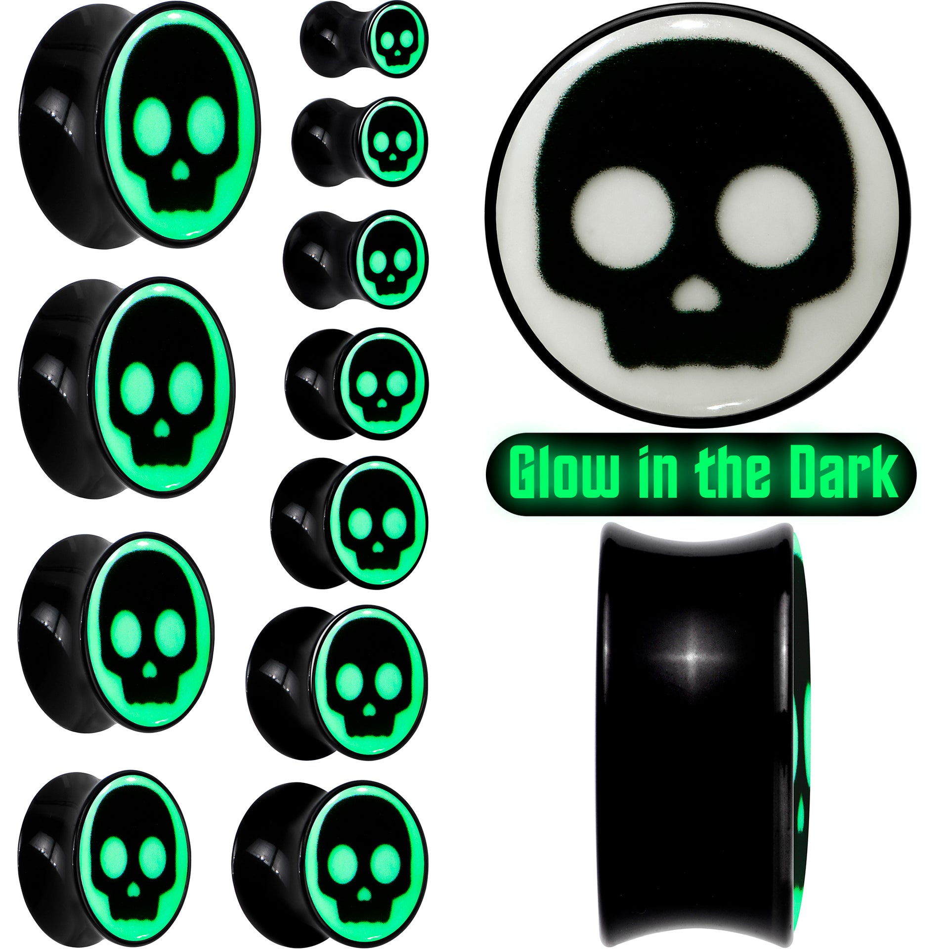 0G Glow in the Dark Simple Skull Black Acrylic Saddle Plug Set by Onyx O